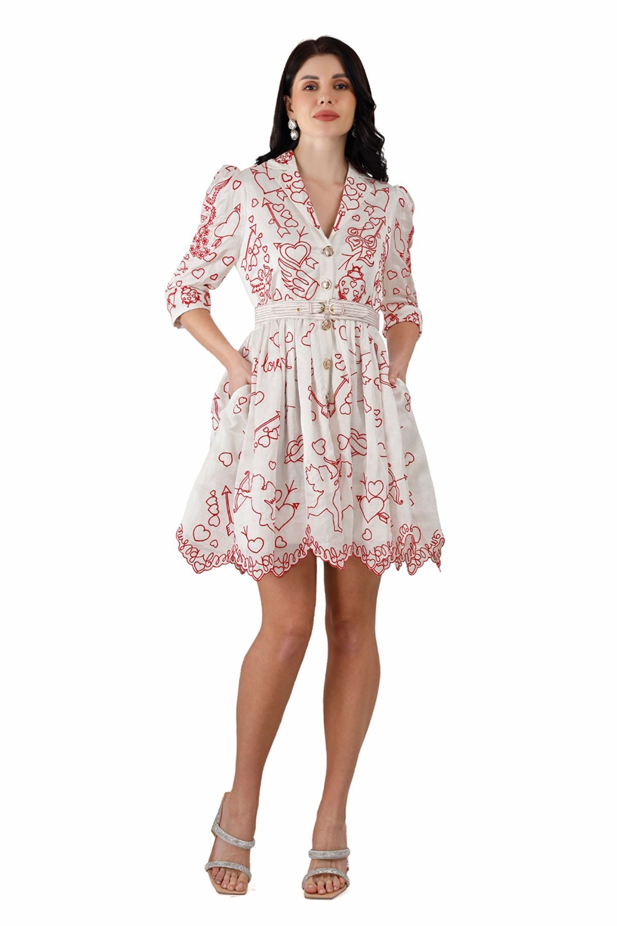 Red on White Cupid Amor Embroidered Mini Dress