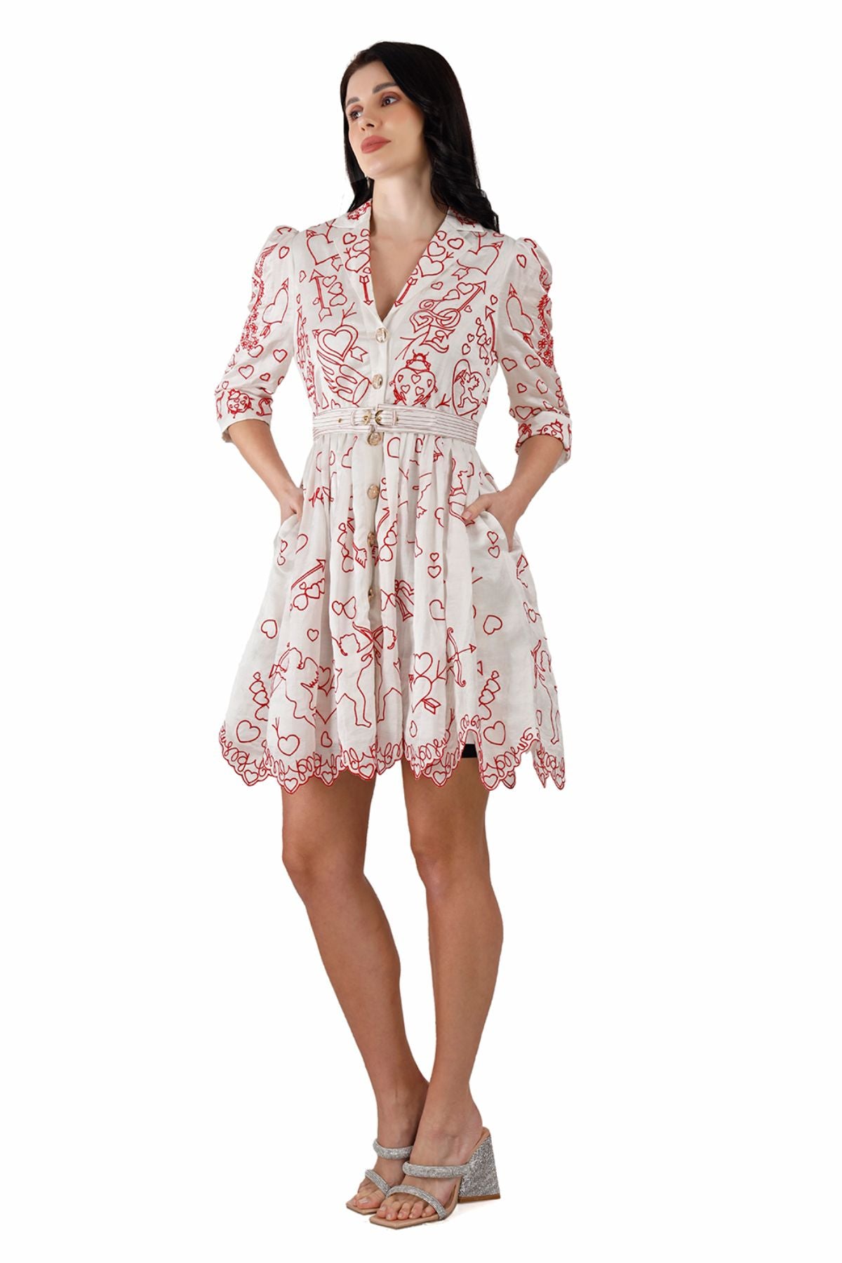 Red on White Cupid Amor Embroidered Mini Dress