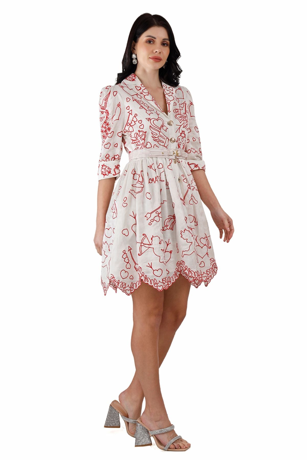 Red on White Cupid Amor Embroidered Mini Dress