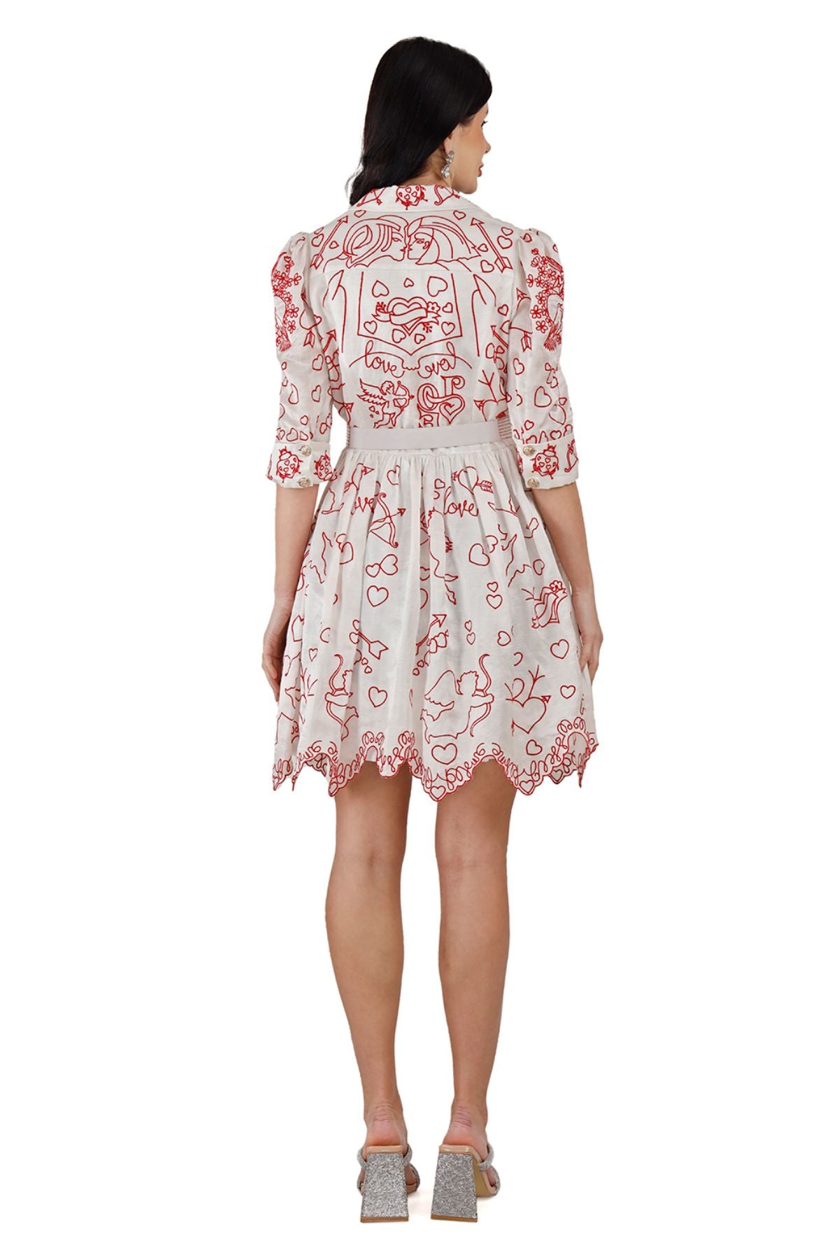 Red on White Cupid Amor Embroidered Mini Dress