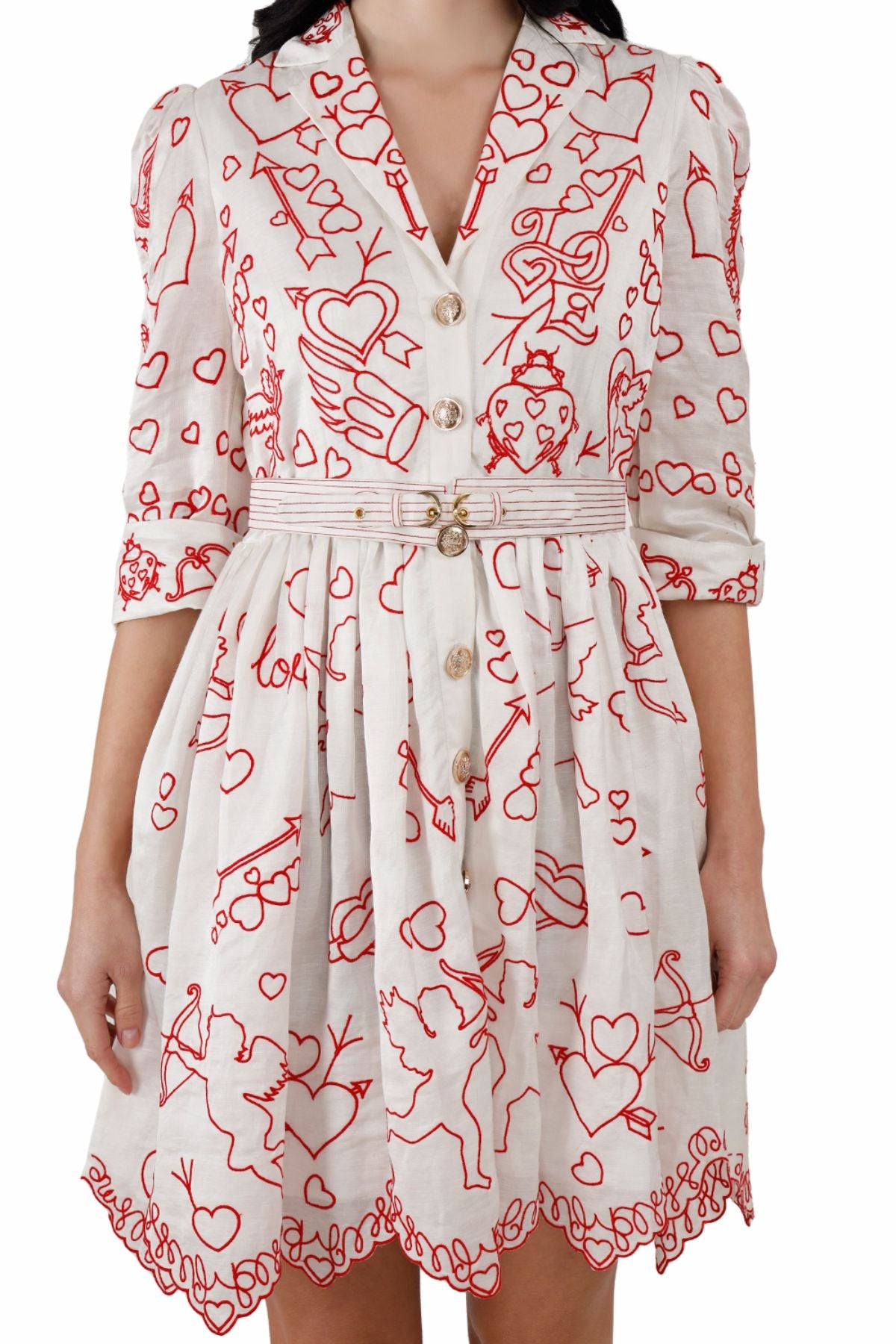 Red on White Cupid Amor Embroidered Mini Dress