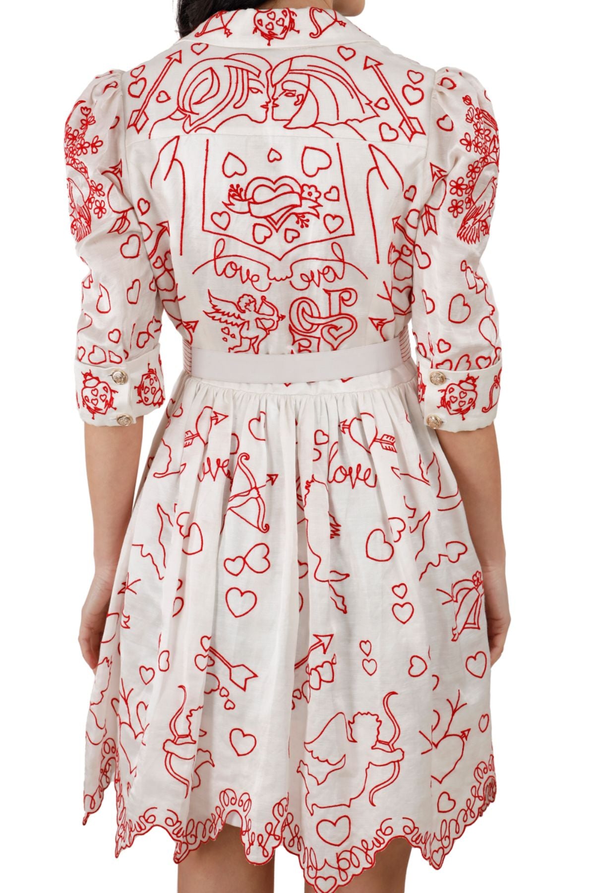 Red on White Cupid Amor Embroidered Mini Dress