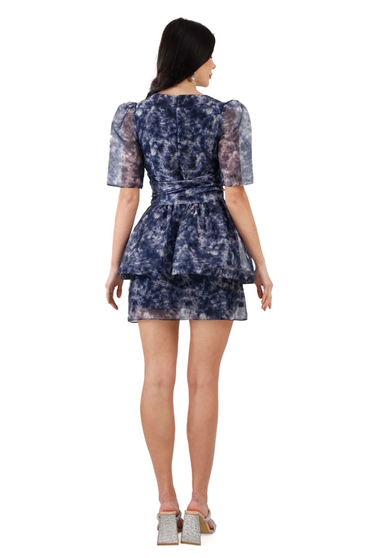 Blue Abstract Organza Pencil Skirt in Skater Fit Mini Dress