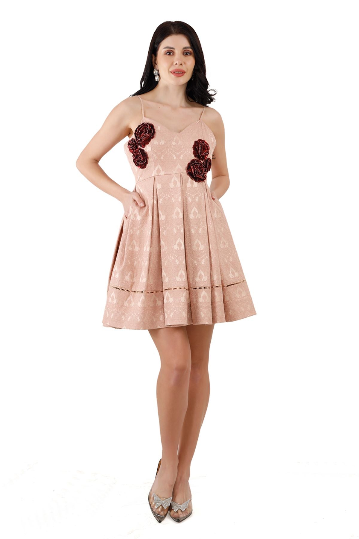 Pink Silk Jacquard Mini Dress with Silk Jacquard Crop Embellished Jacket ( Set of 2 )