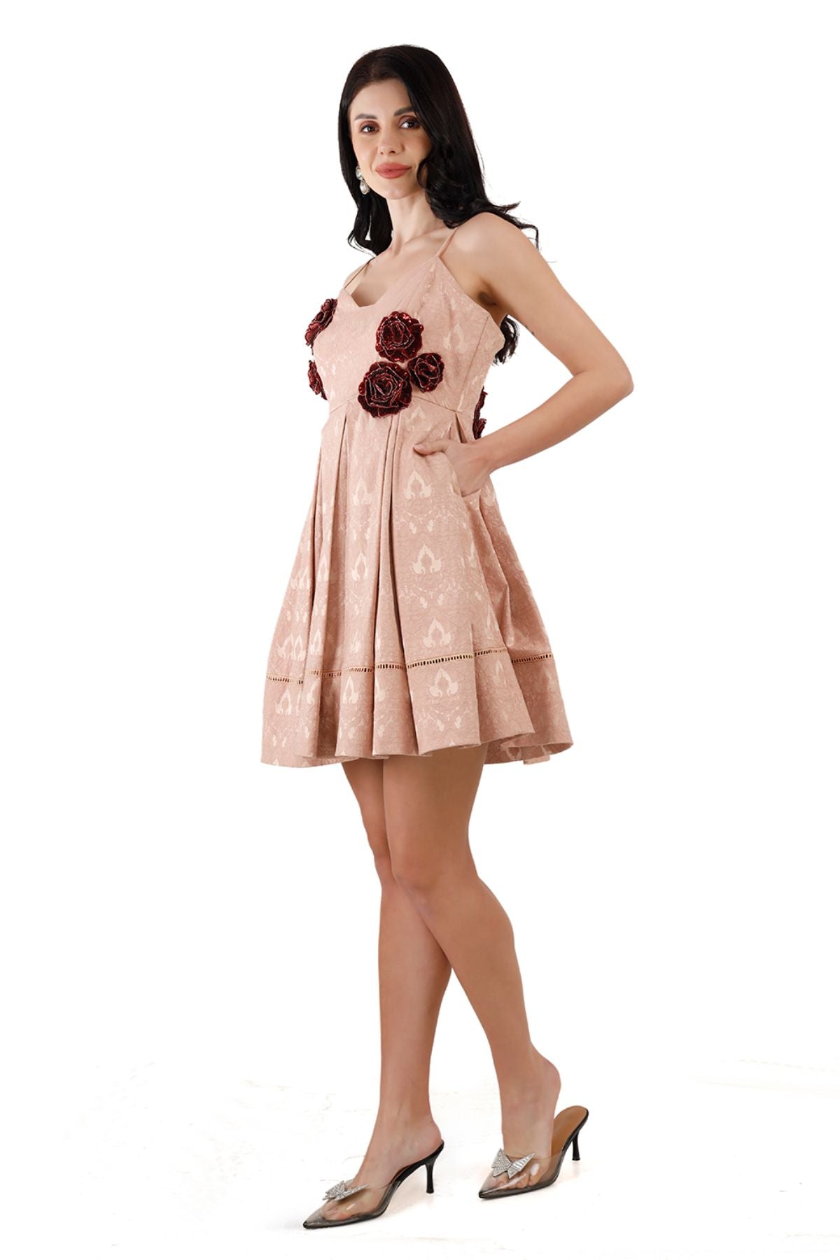 Pink Silk Jacquard Mini Dress with Silk Jacquard Crop Embellished Jacket ( Set of 2 )