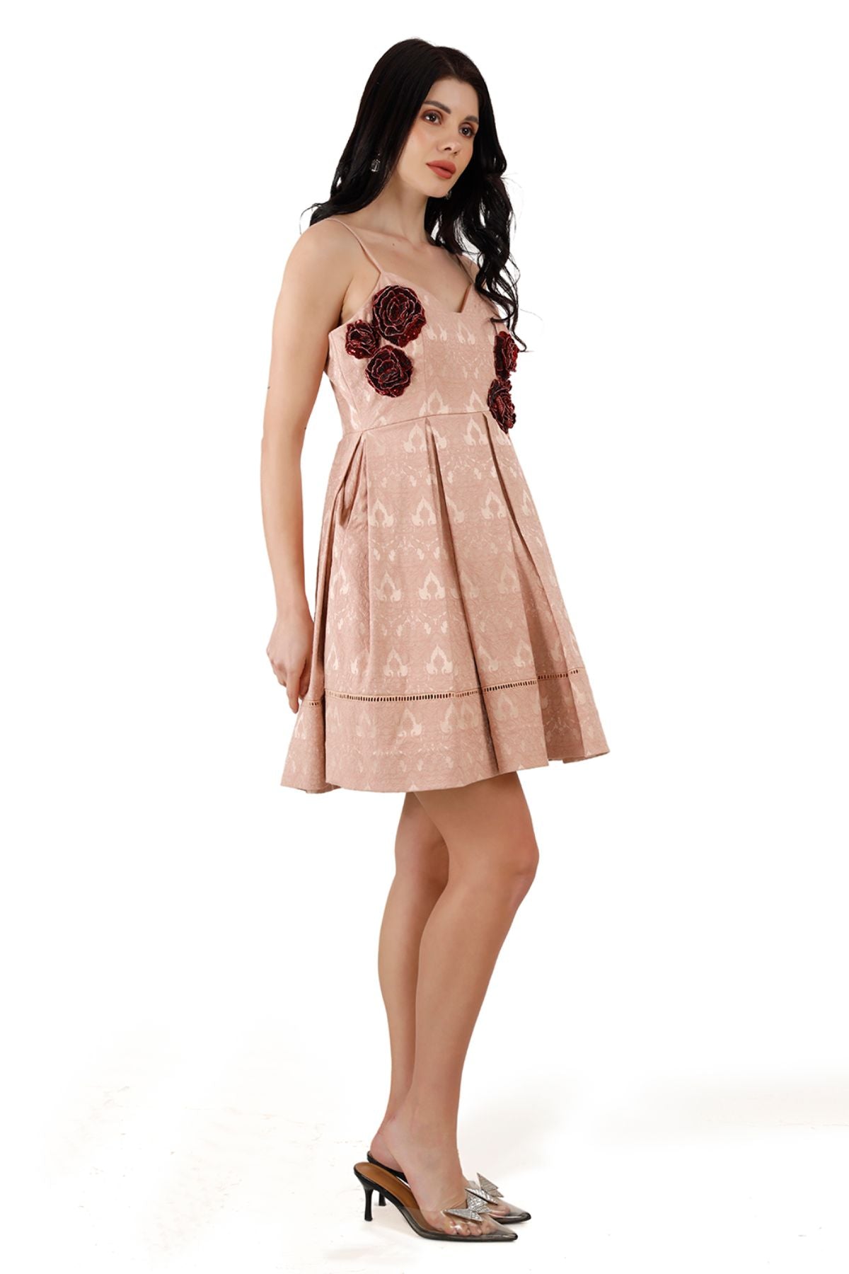 Pink Silk Jacquard Mini Dress with Silk Jacquard Crop Embellished Jacket ( Set of 2 )
