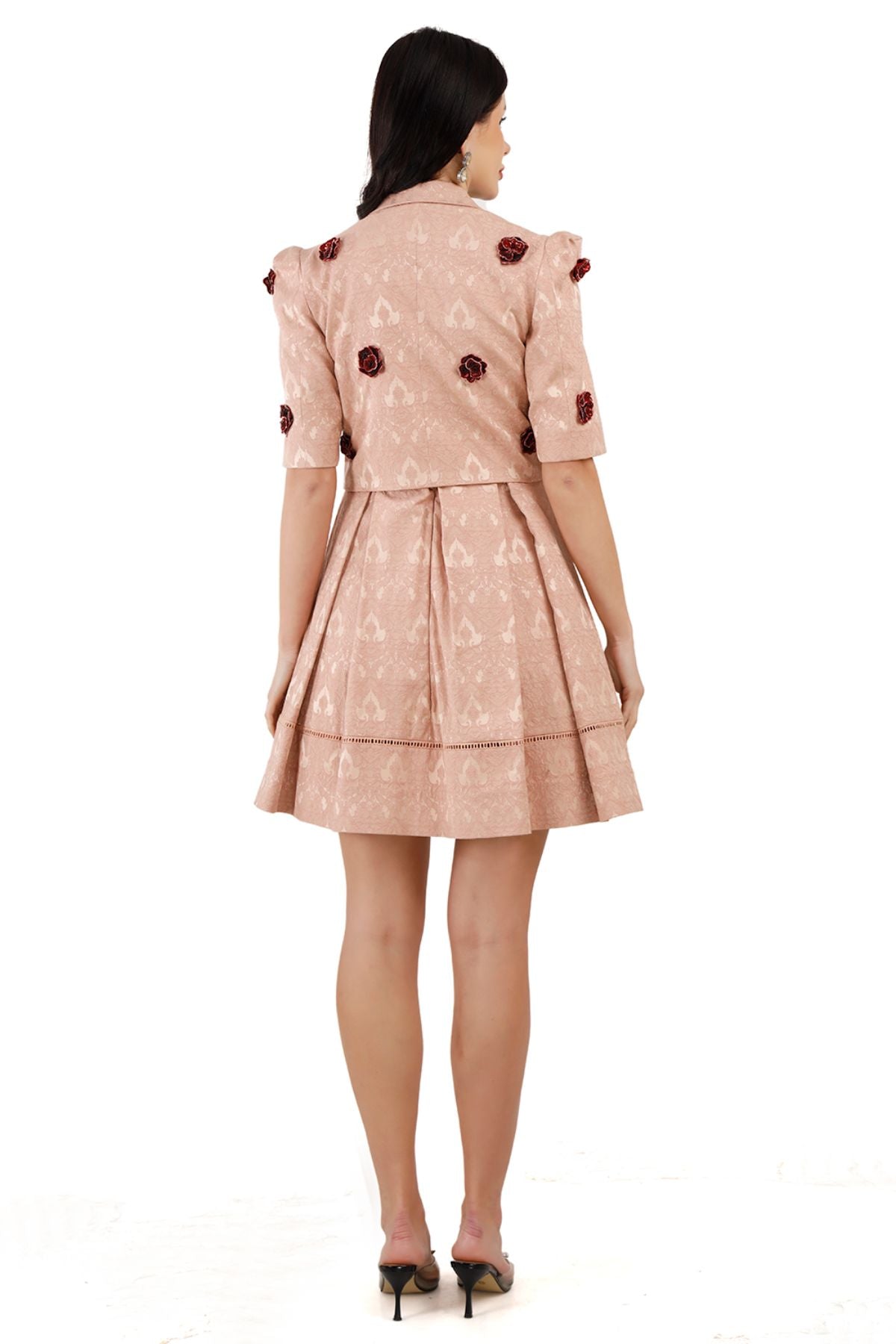 Pink Silk Jacquard Mini Dress with Silk Jacquard Crop Embellished Jacket ( Set of 2 )