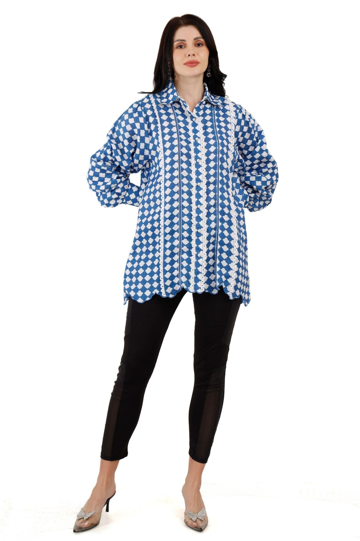 Blue Scalloped Linen Shirt with Lace Detailing