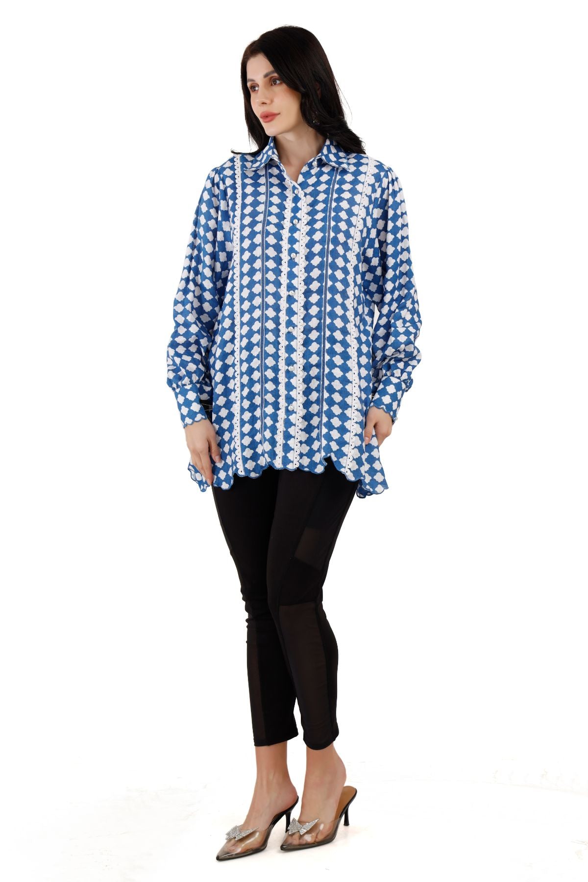 Blue Scalloped Linen Shirt with Lace Detailing