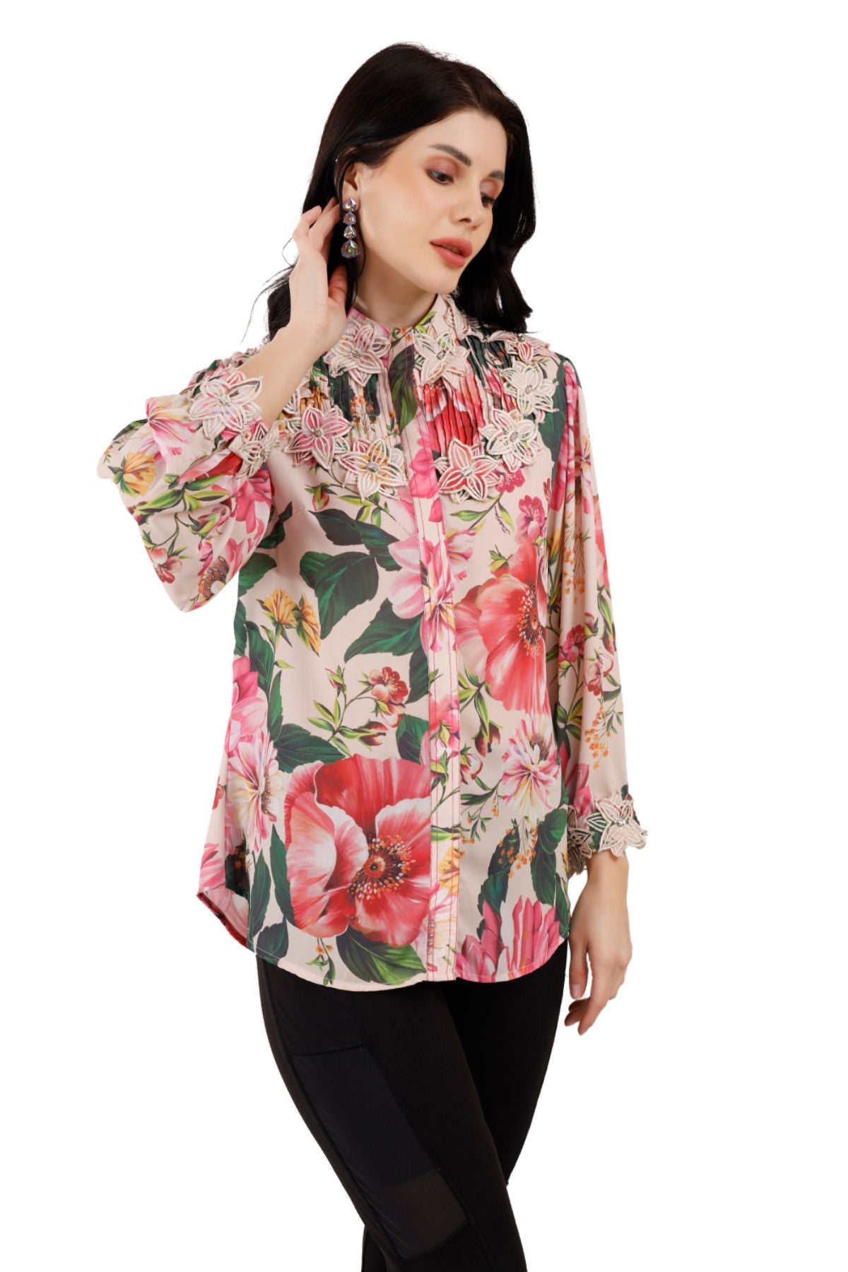 Floral Pintucked Shirt with Applique Collar