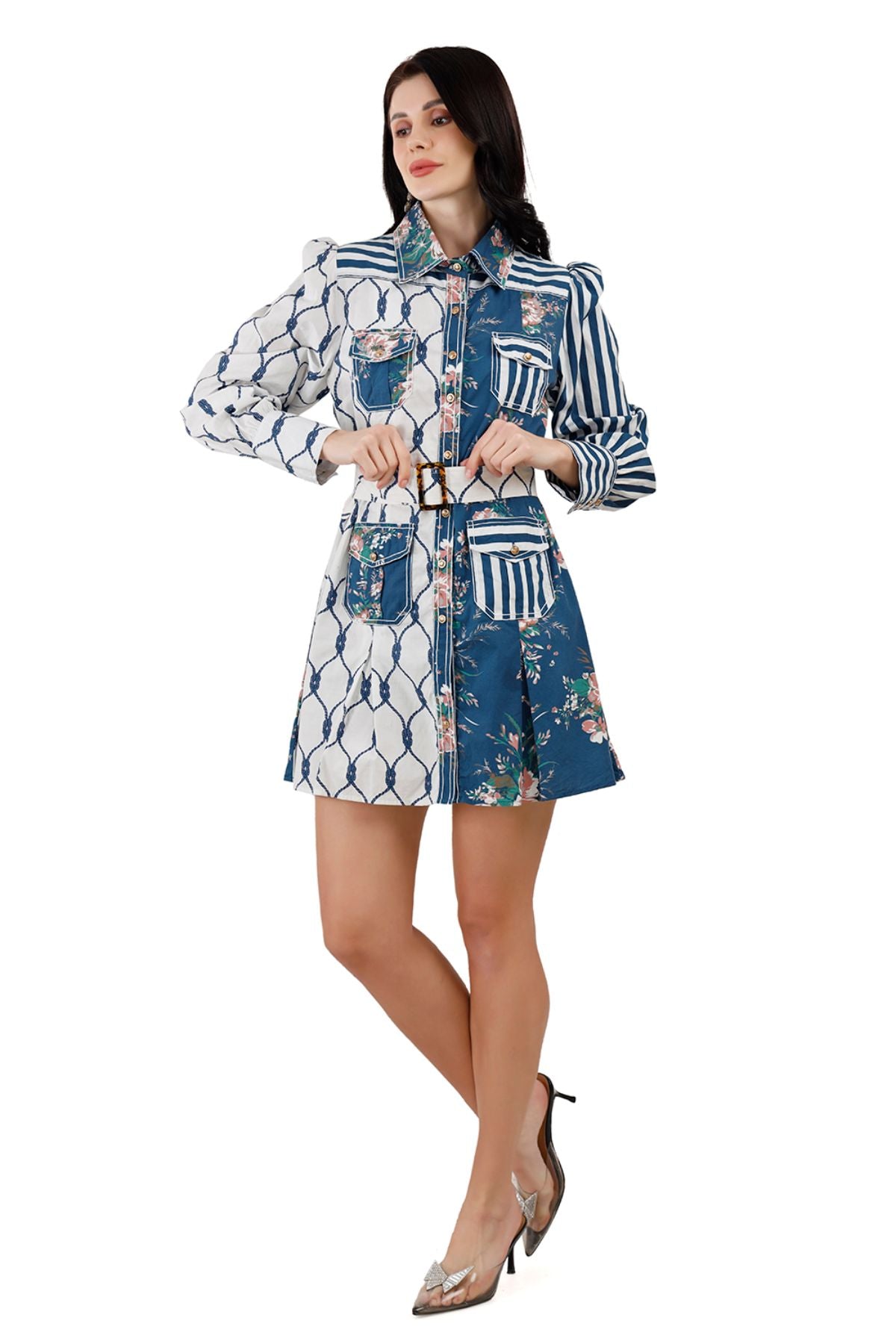 Blue Color Block Shirt Dress