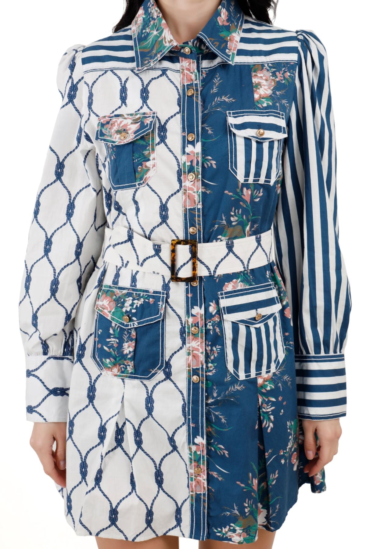 Blue Color Block Shirt Dress