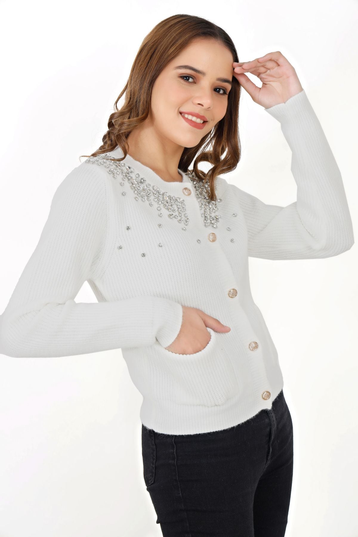 Rhinestone Embellished Cardigan - White