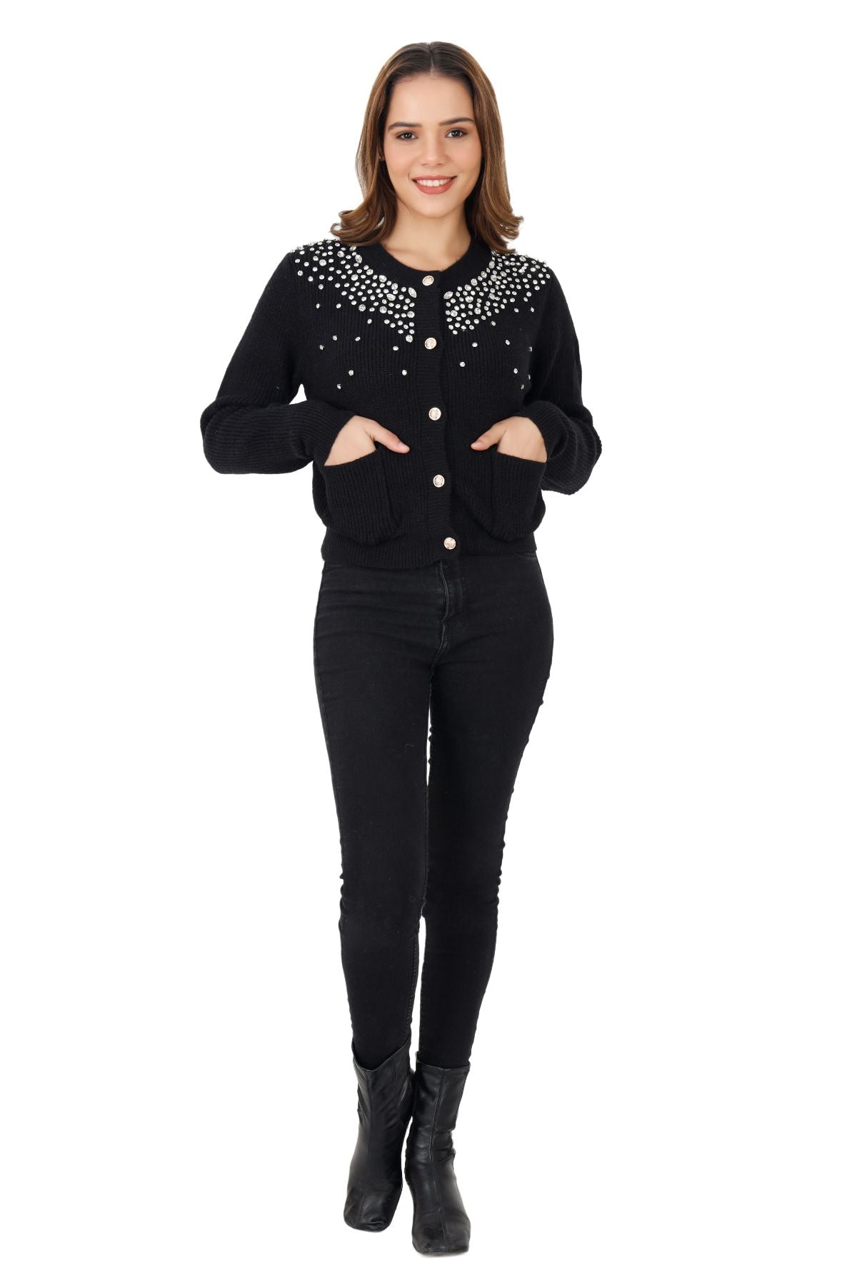 Rhinestone Embellished Cardigan - Black