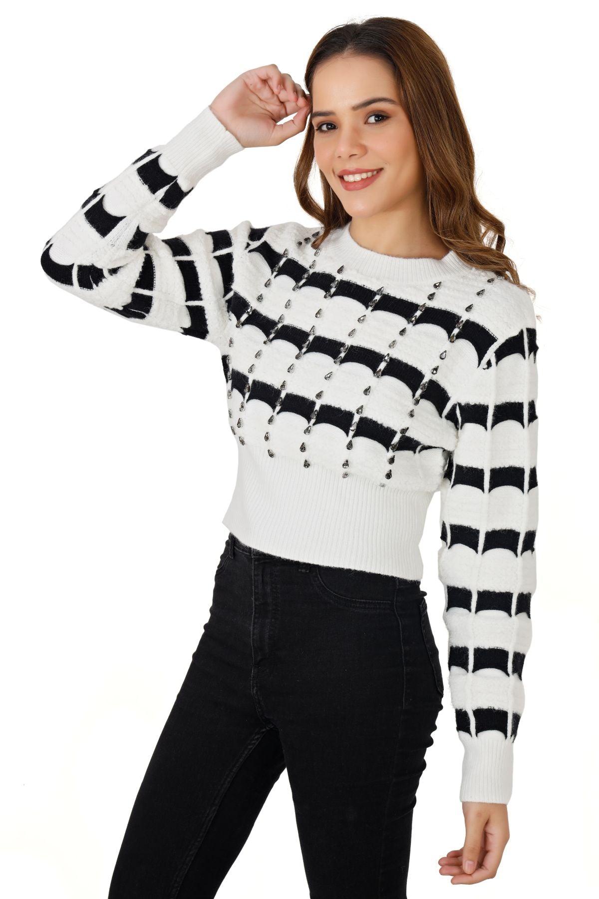 Embellished Knitted Crop Jumper - Black & White