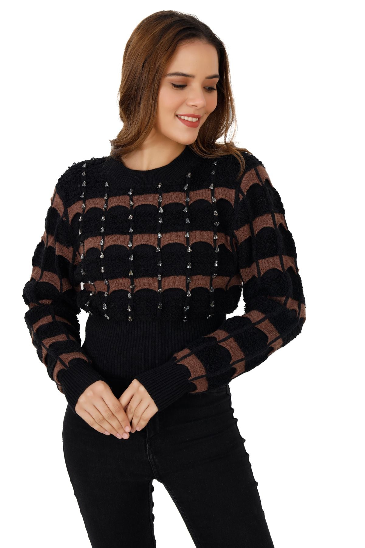 Embellished Knitted Crop Jumper - Black & Brown