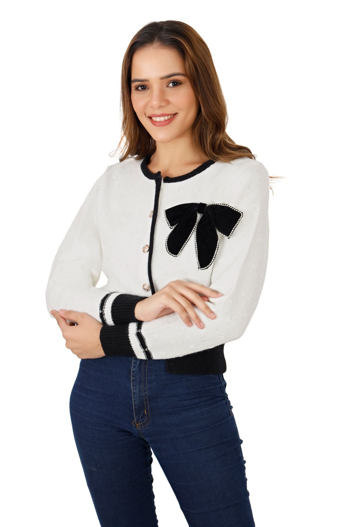 Shimmer Cardigan with Contrast Ribbed Piping - White