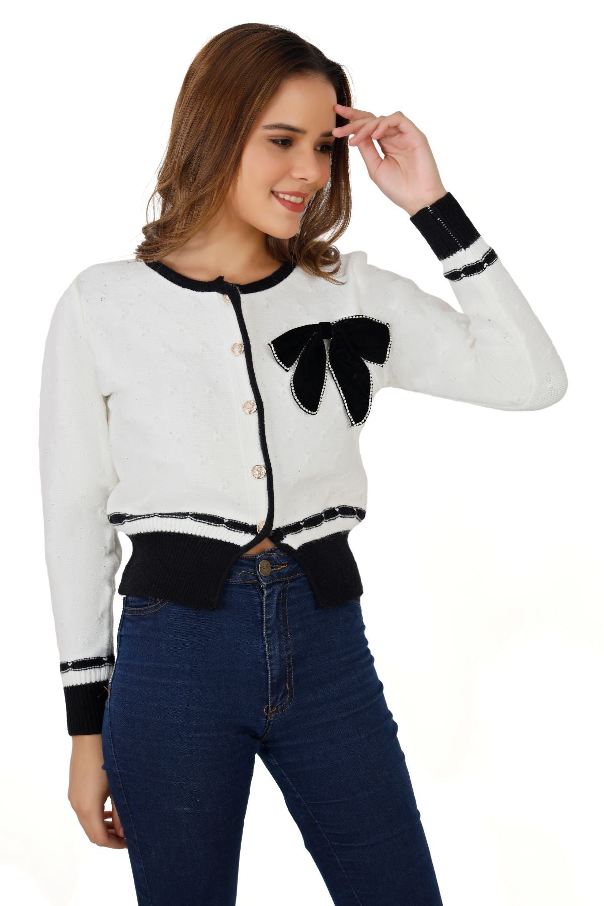 Shimmer Cardigan with Contrast Ribbed Piping - White