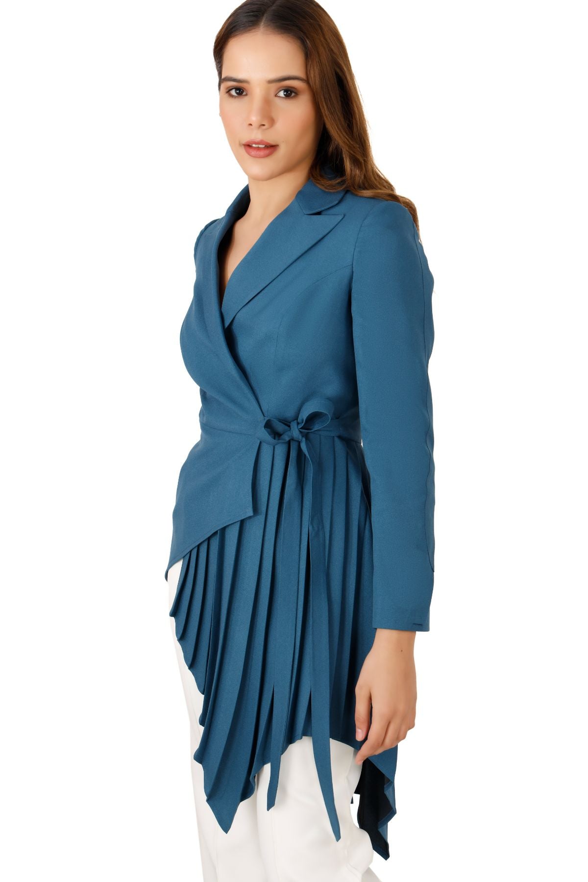Blue Wrap Style Asymmetric Pleated Blazer