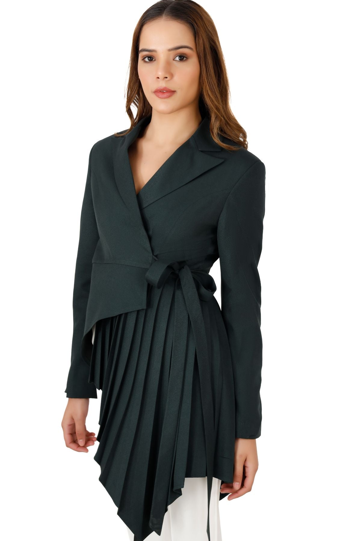 Green Wrap Style Asymmetric Pleated Blazer