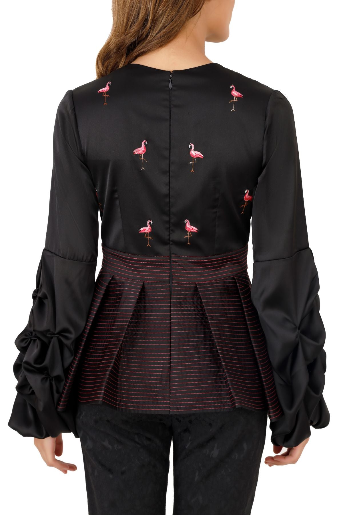 Black Satin Embroidered Peplum Blouse - Pink Flamingo