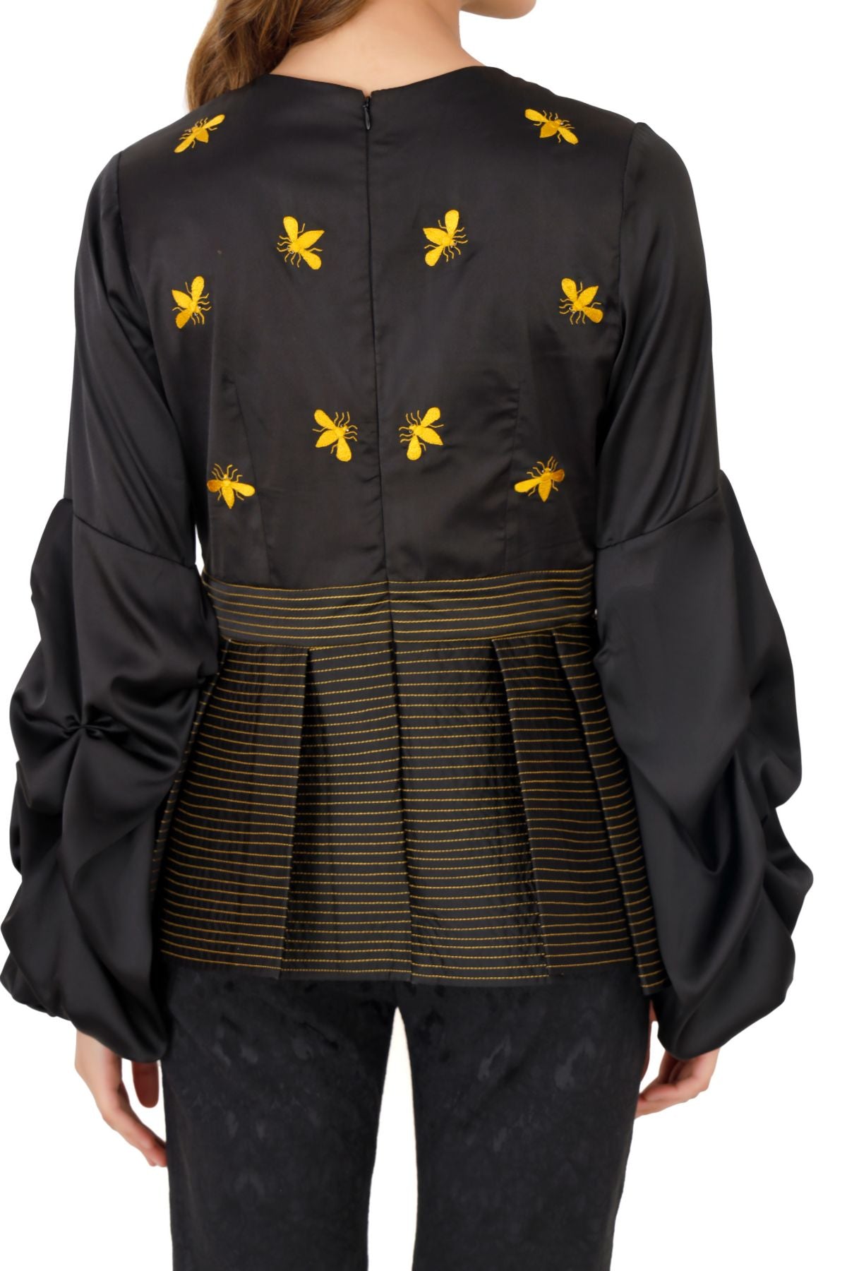 Black Satin Embroidered Peplum Blouse - Yellow Beetle