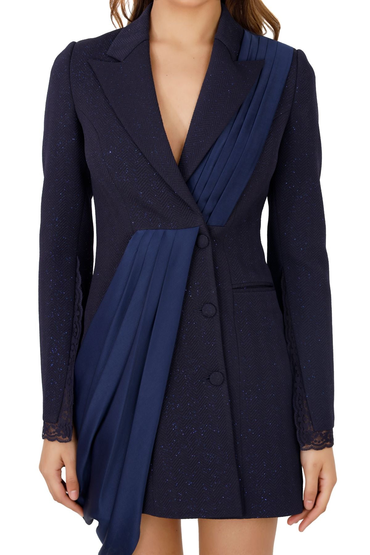 Midnight Blue Shimmer Draped Blazer Dress