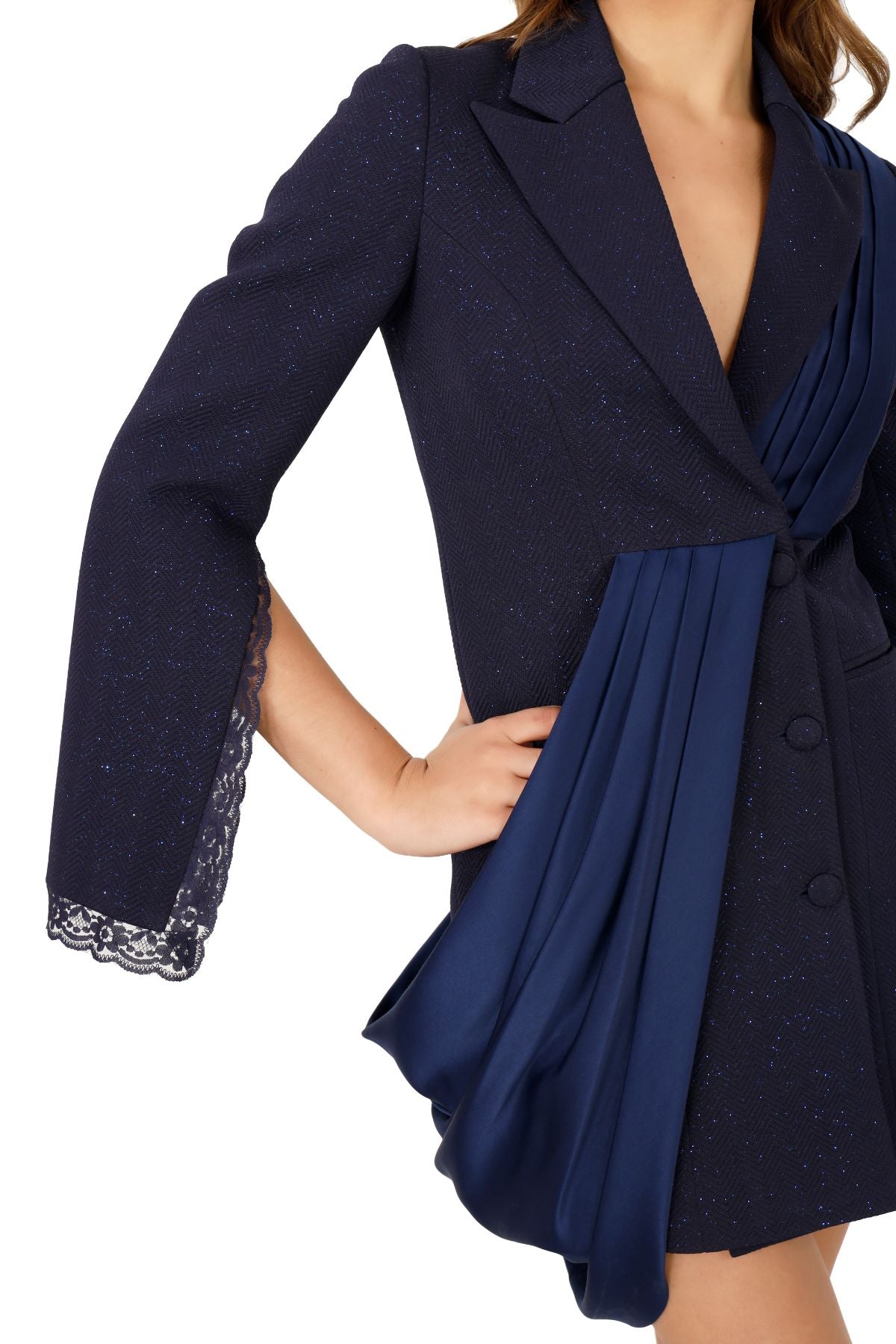 Midnight Blue Shimmer Draped Blazer Dress