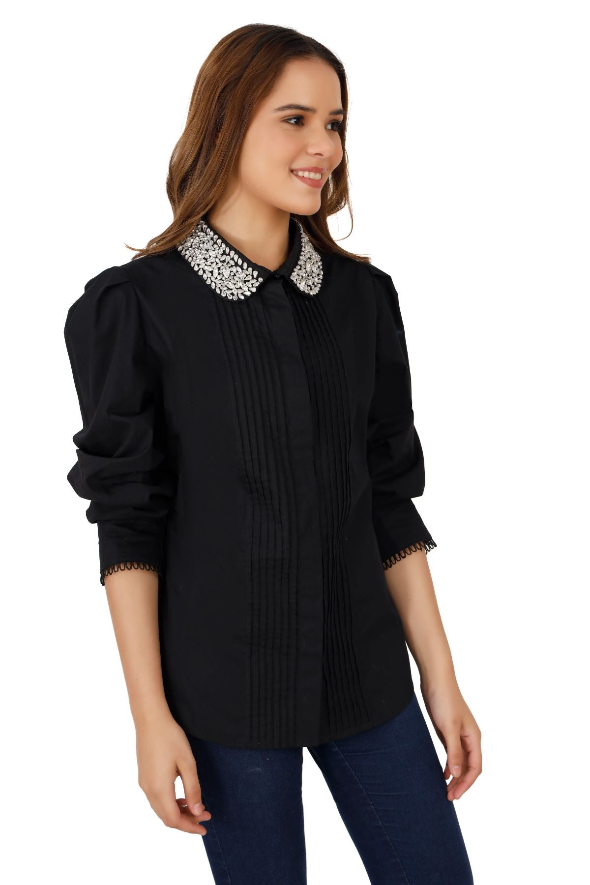 Black Pintucked Studded Collar Shirt