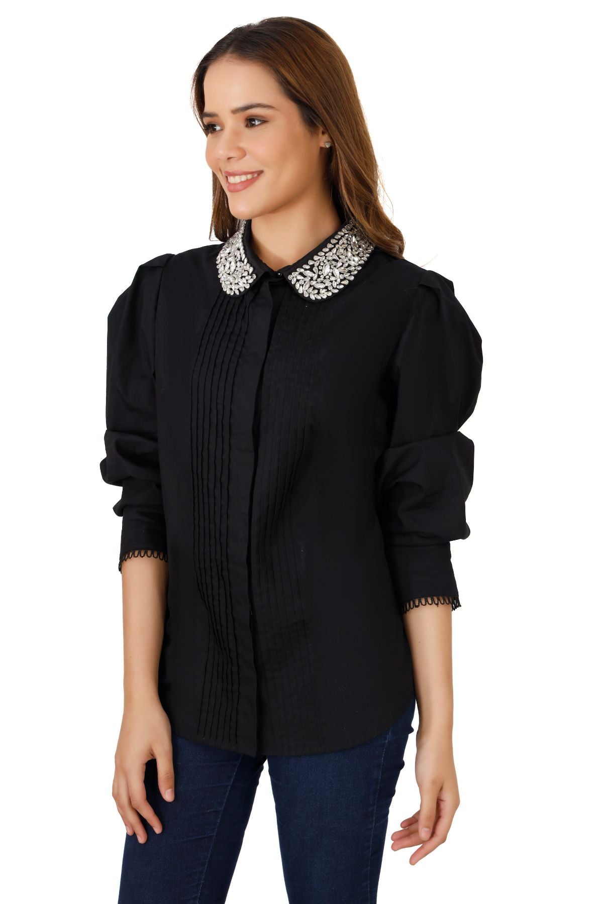 Black Pintucked Studded Collar Shirt