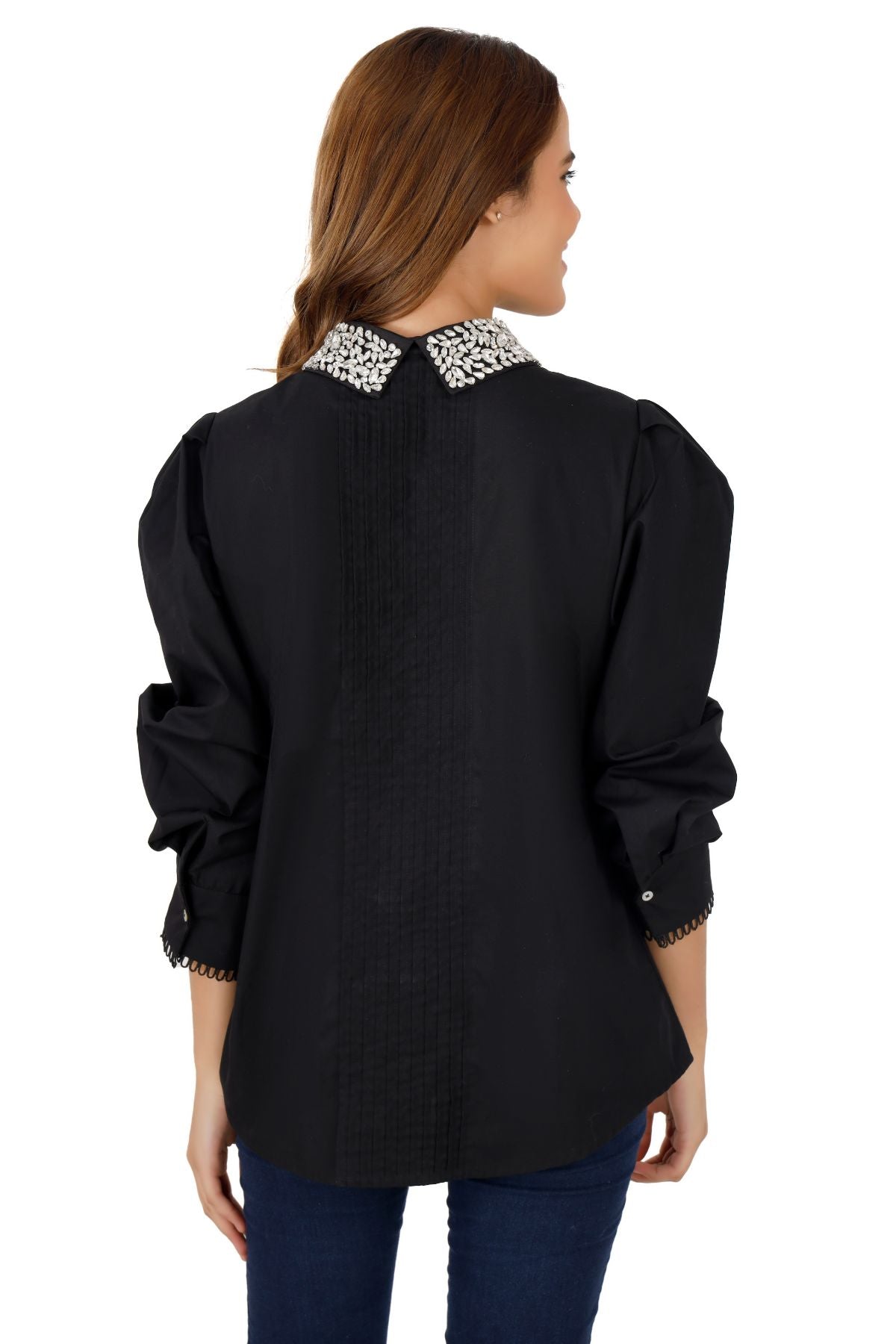 Black Pintucked Studded Collar Shirt