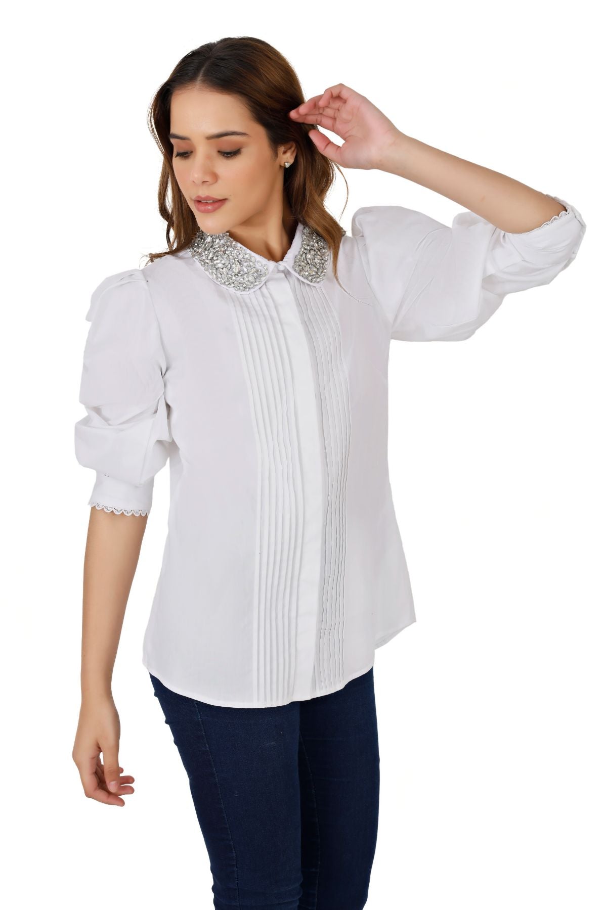 White Pintucked Studded Collar Shirt