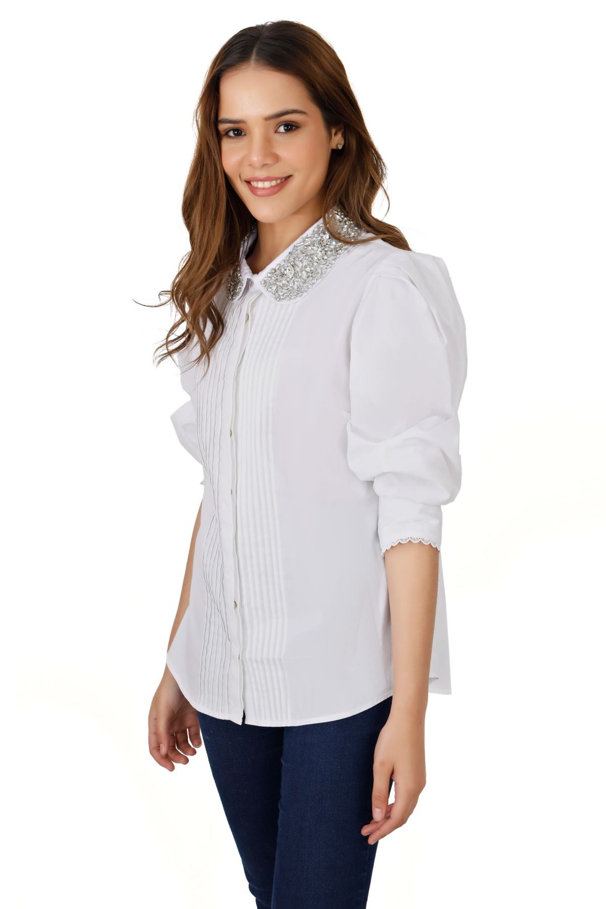 White Pintucked Studded Collar Shirt
