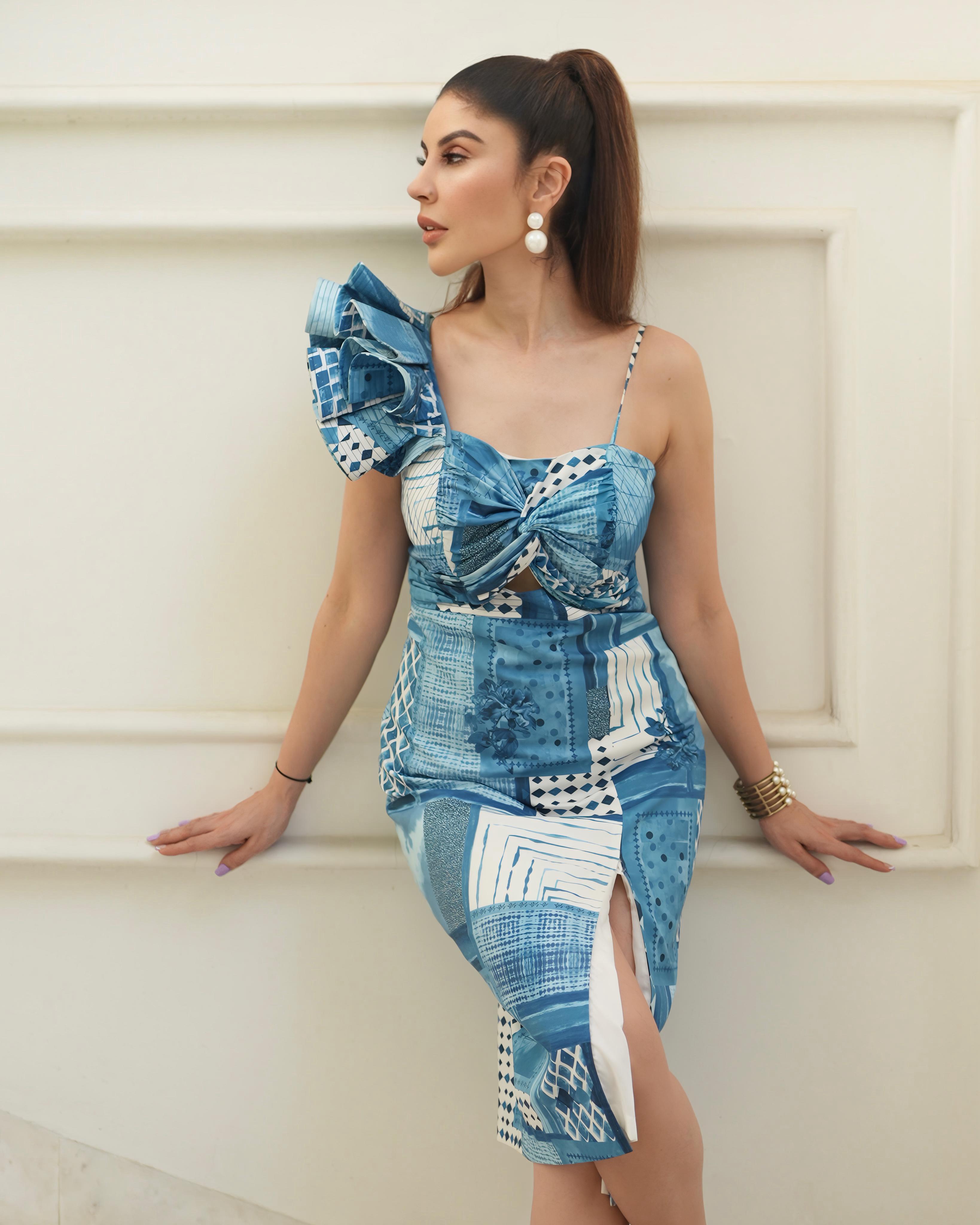 Blue Moroccan Inclined Shoulder Bodycon Slit Midi Dress