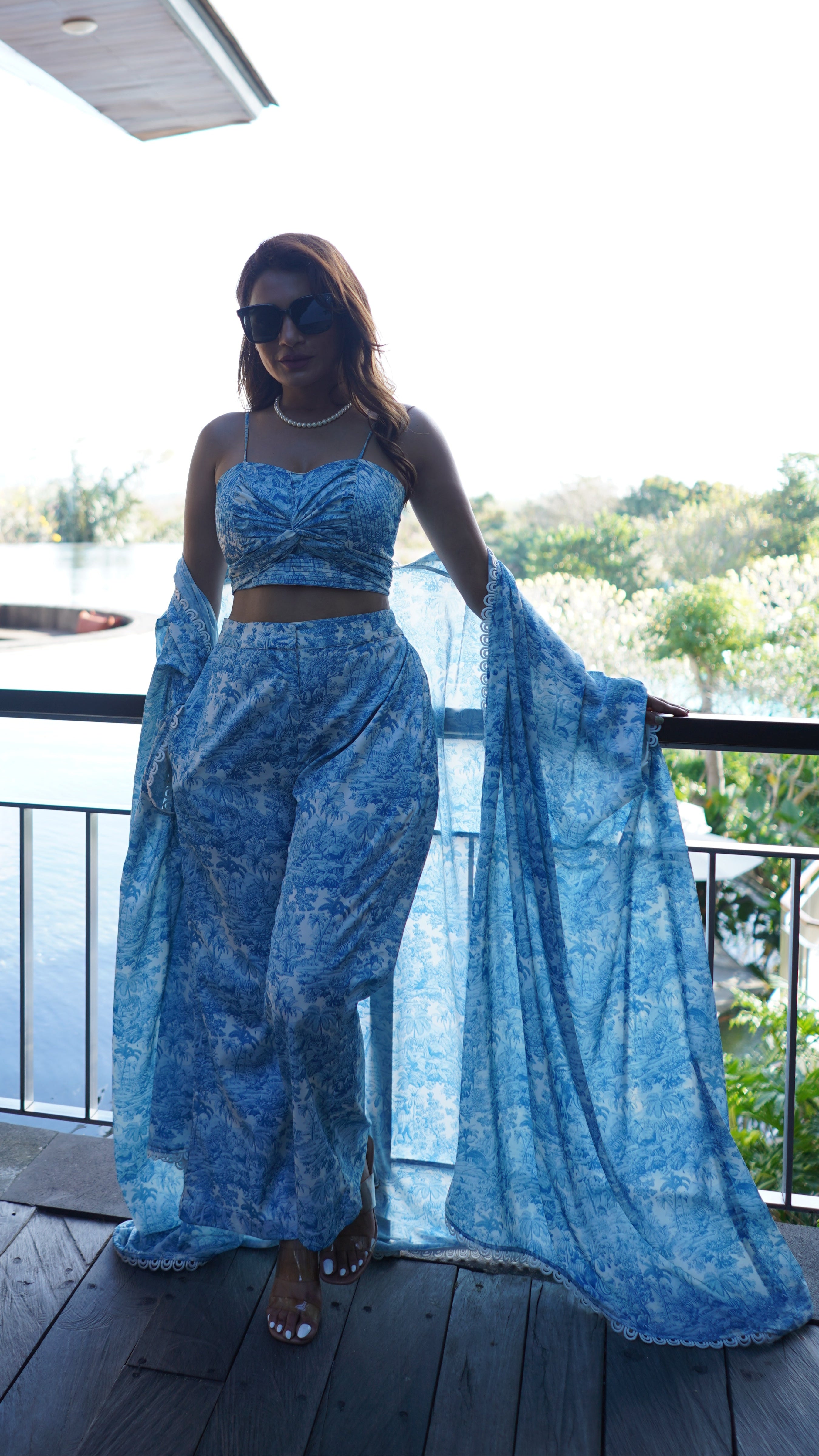 Coordinated Set - Ruched Bustier Top with Pants and Cape ( Set of 3 )