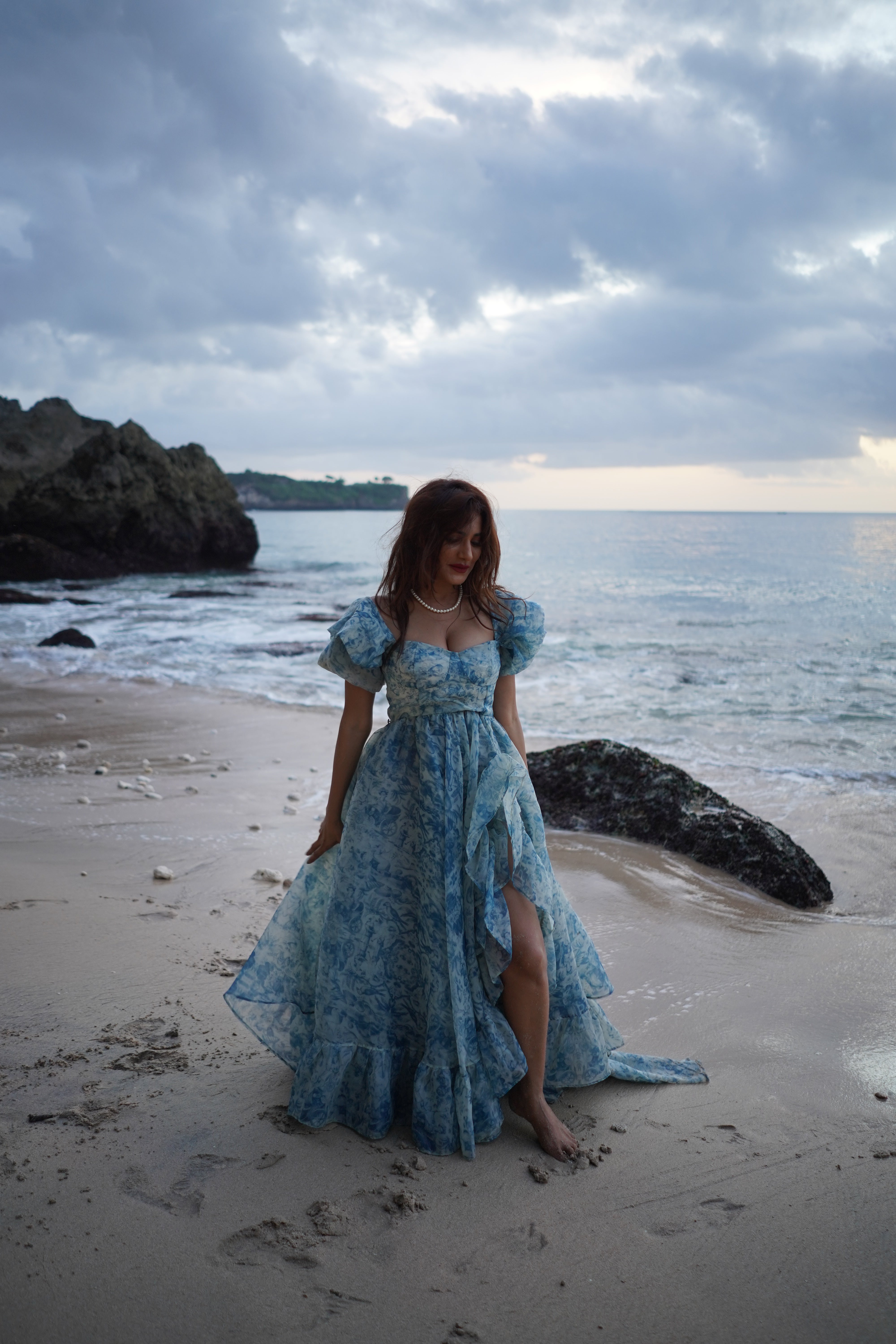 Blue Organza Ruffled Asymmetric Gown with Tail