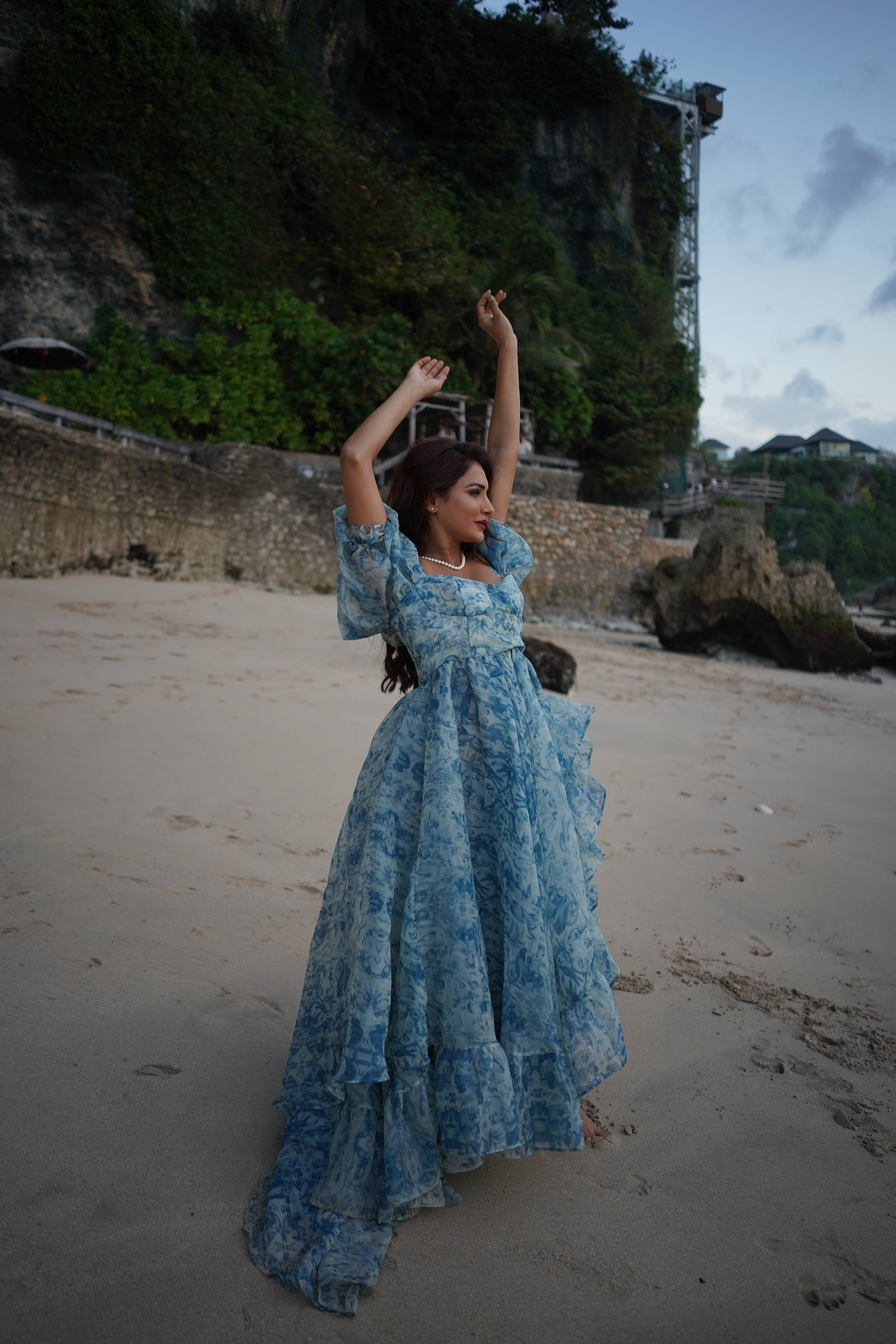 Blue Organza Ruffled Asymmetric Gown with Tail