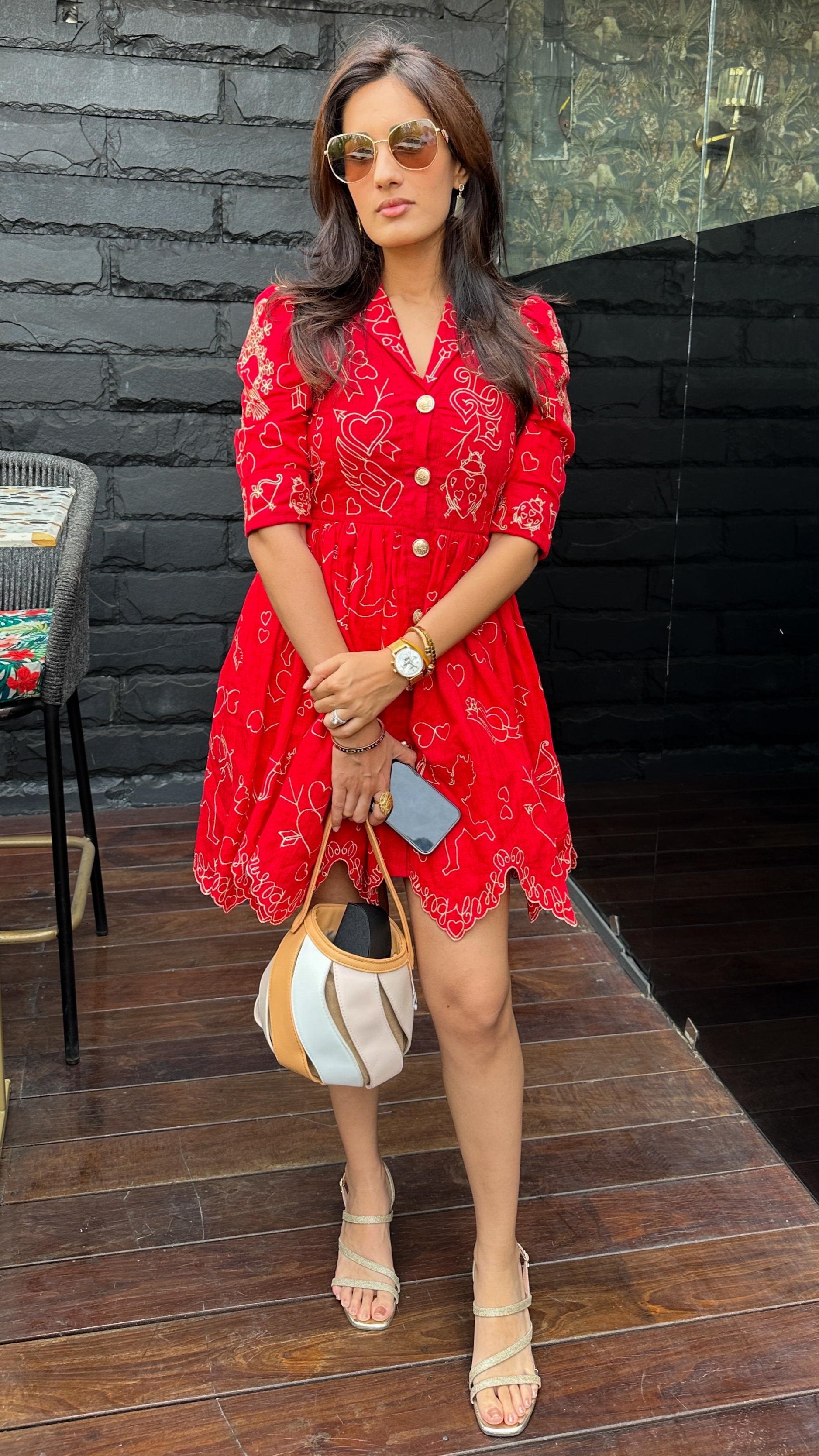 Red Cupid Amor Embroidered Mini Dress