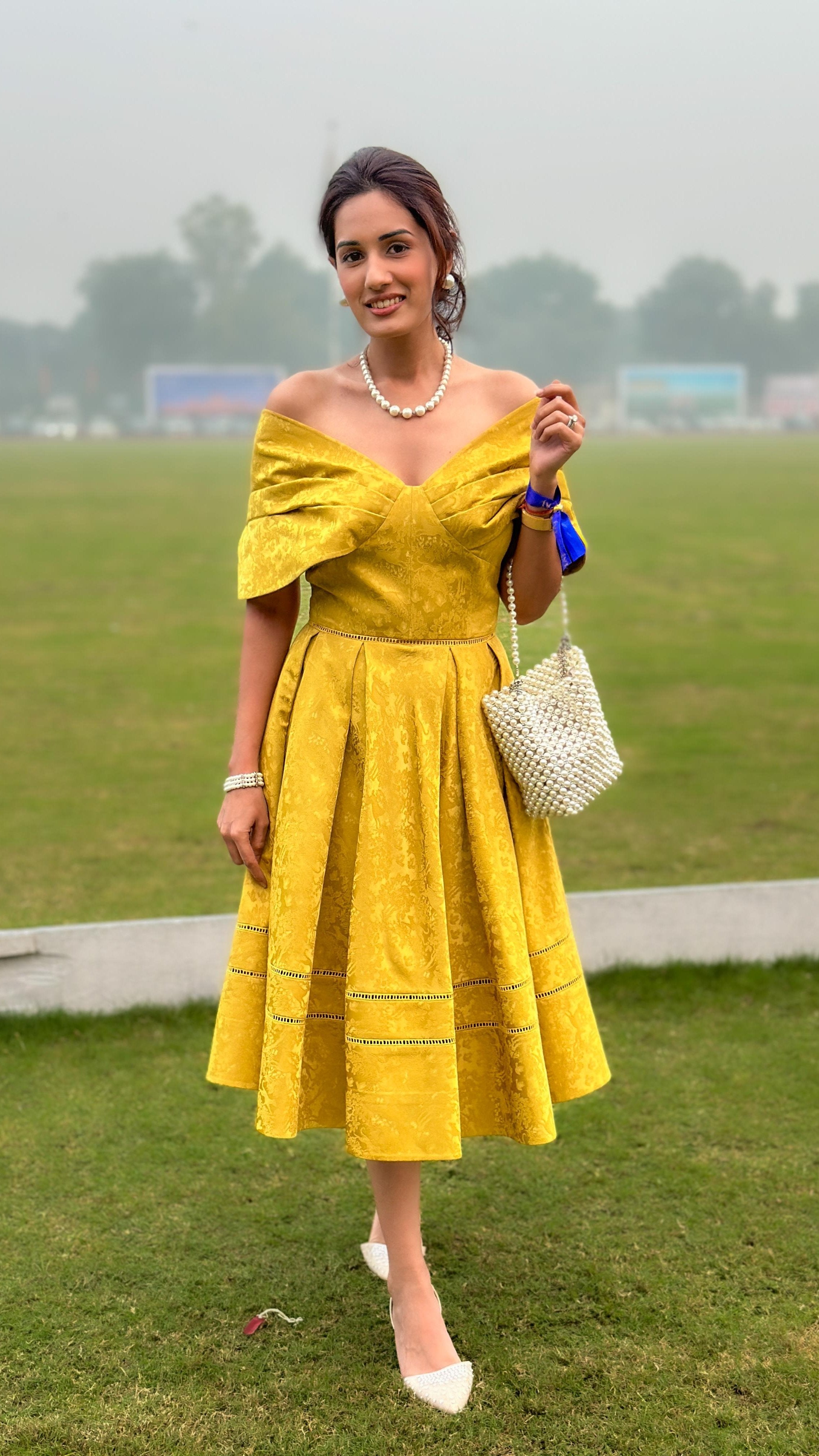 Yellow Jacquard Exaggerated Shoulder Skater Midi Dress