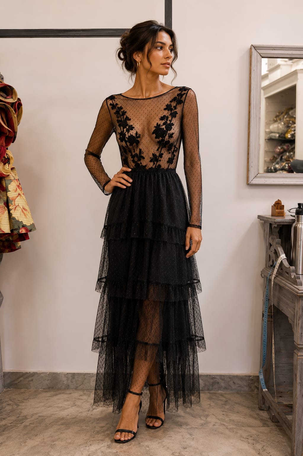 BLACK NET TULLE OUTERWEAR