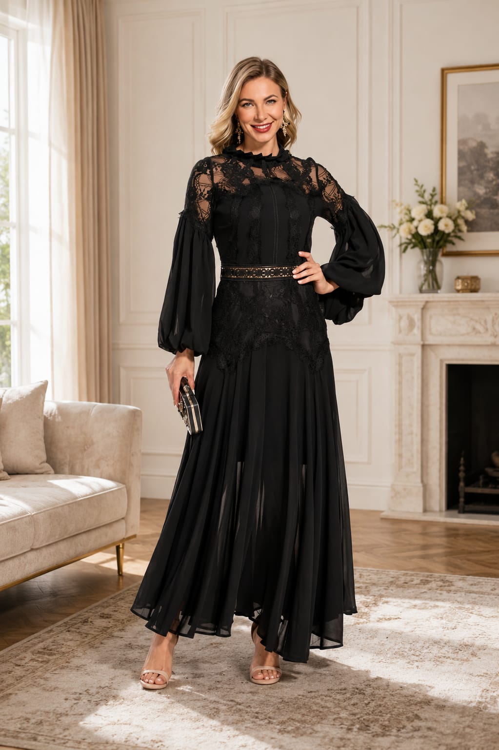 ROSALIE SHEER SLEEVE MAXI DRESS