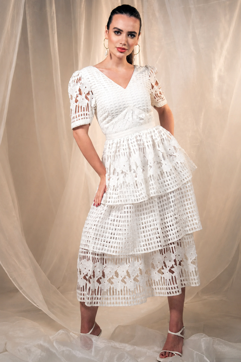 Gridded Lace Fantasy Empire Waist Tiered Dress