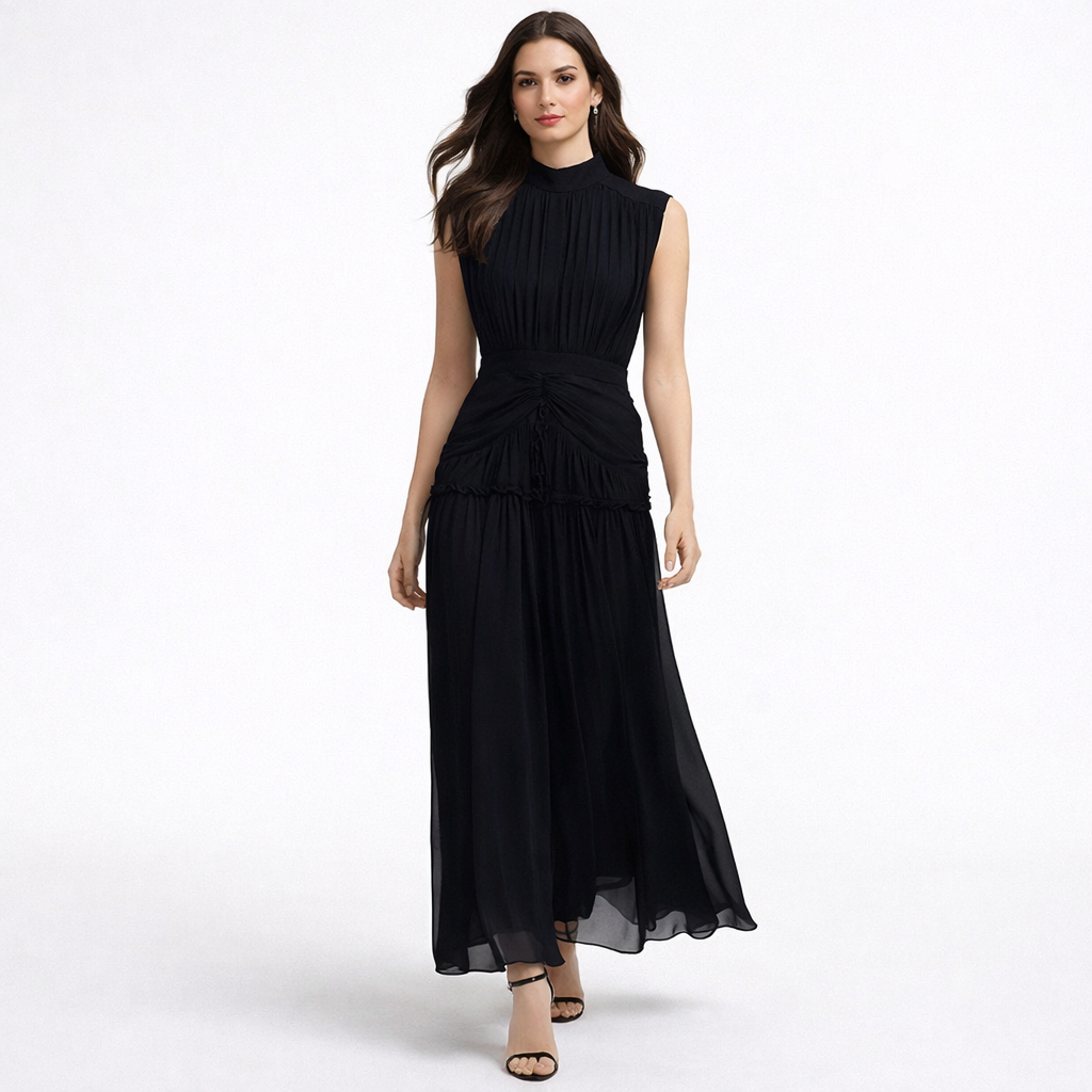 Midnight Pleated Waist Midi Dress