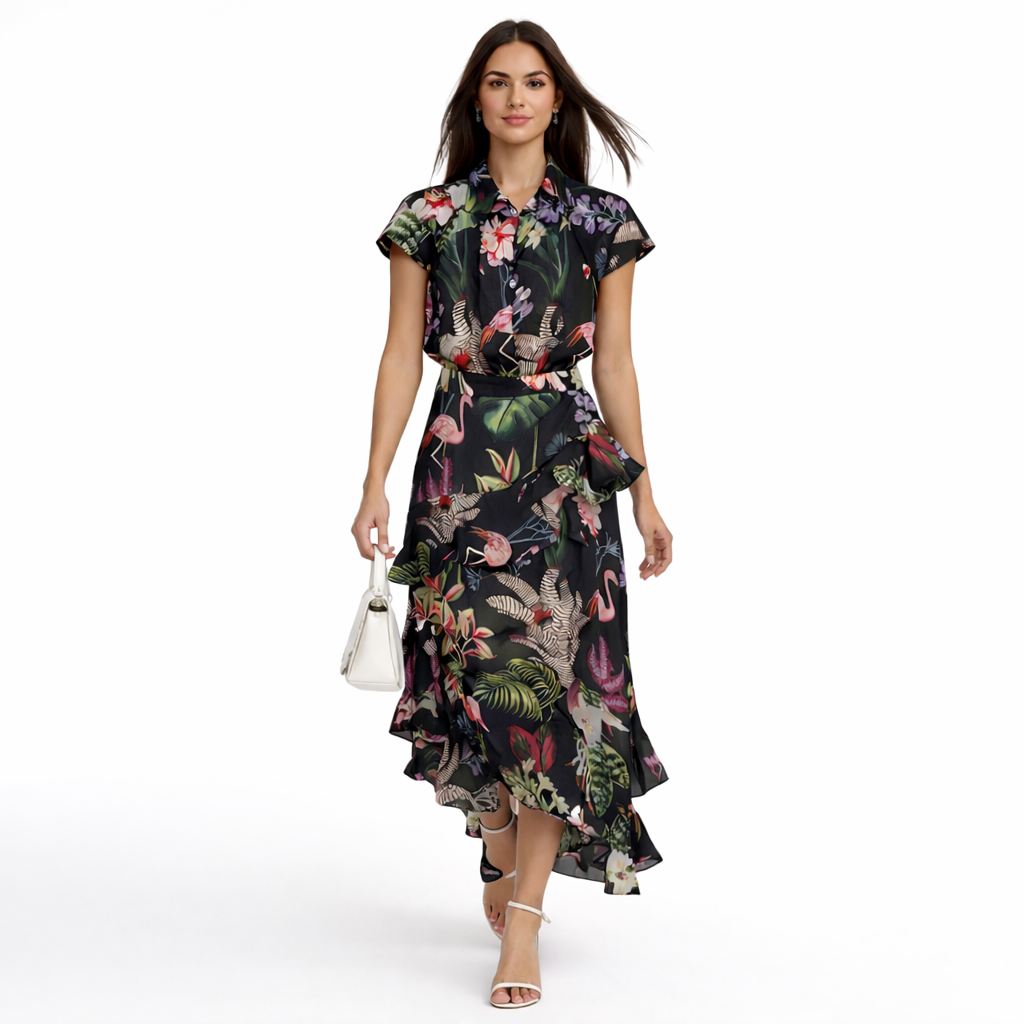 Black floral shirt + multi tier asymmetrical skirt
