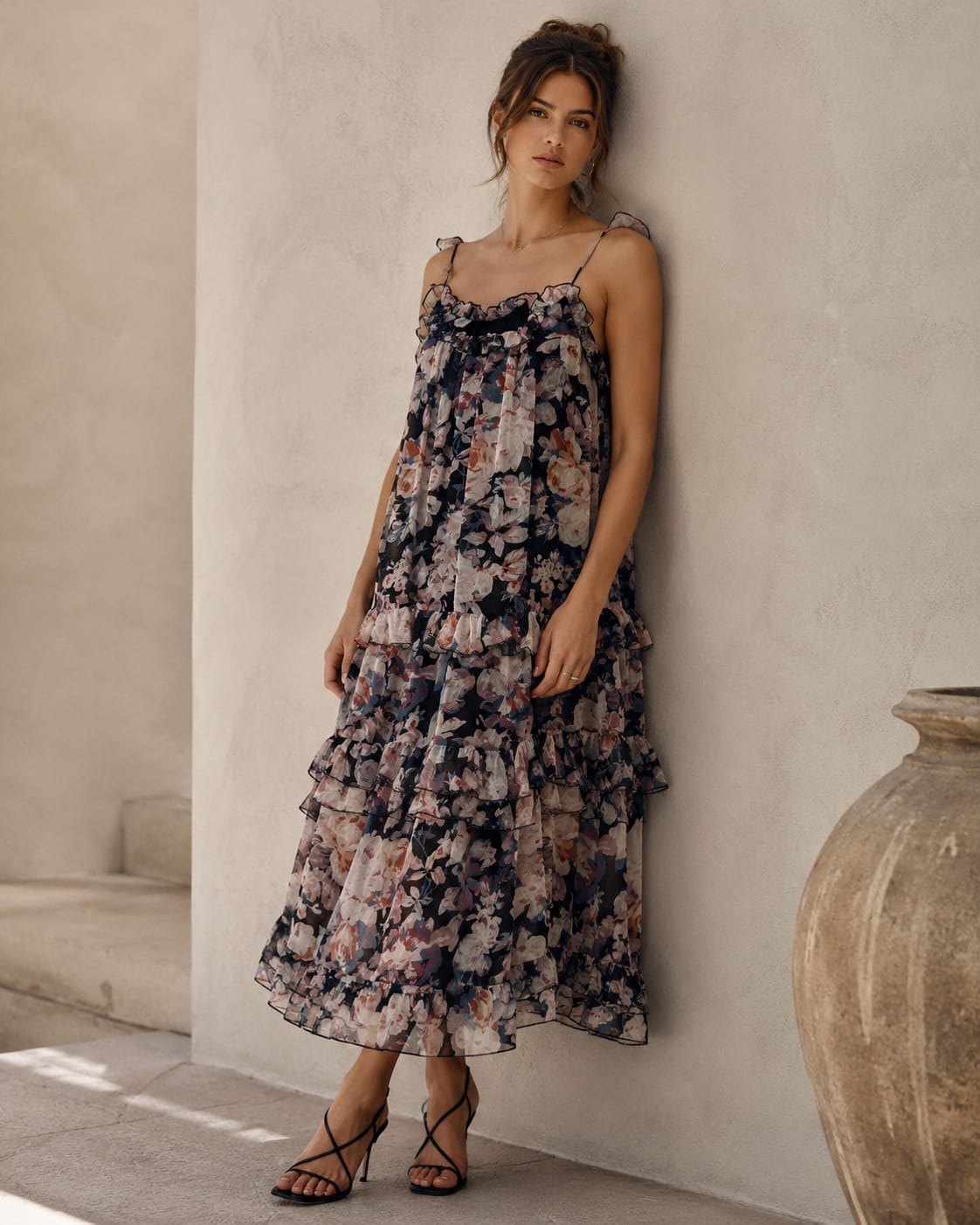 BLACK NOODLE STRAP PRINTED MIDI DRESS