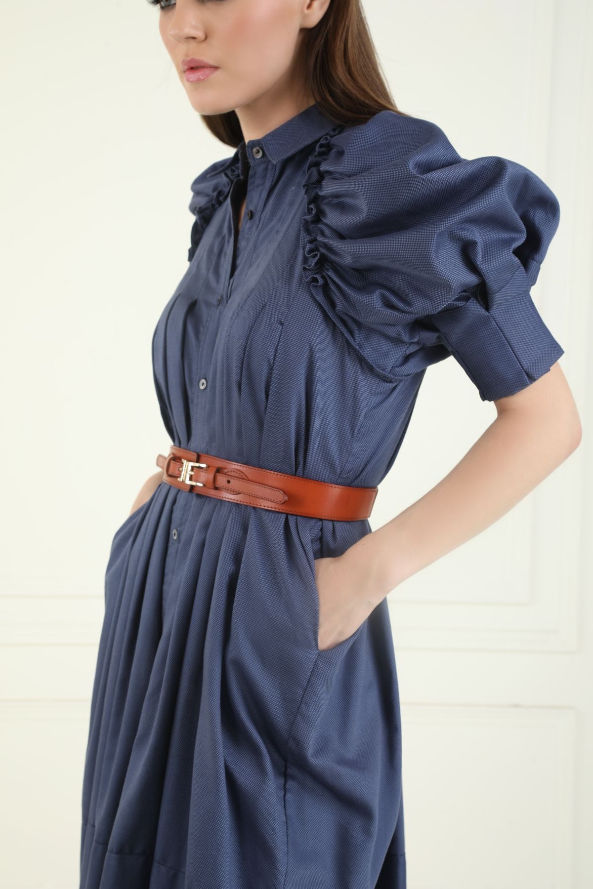 Puff sleeved Box Pleated Shirt Style Tunic - Blue