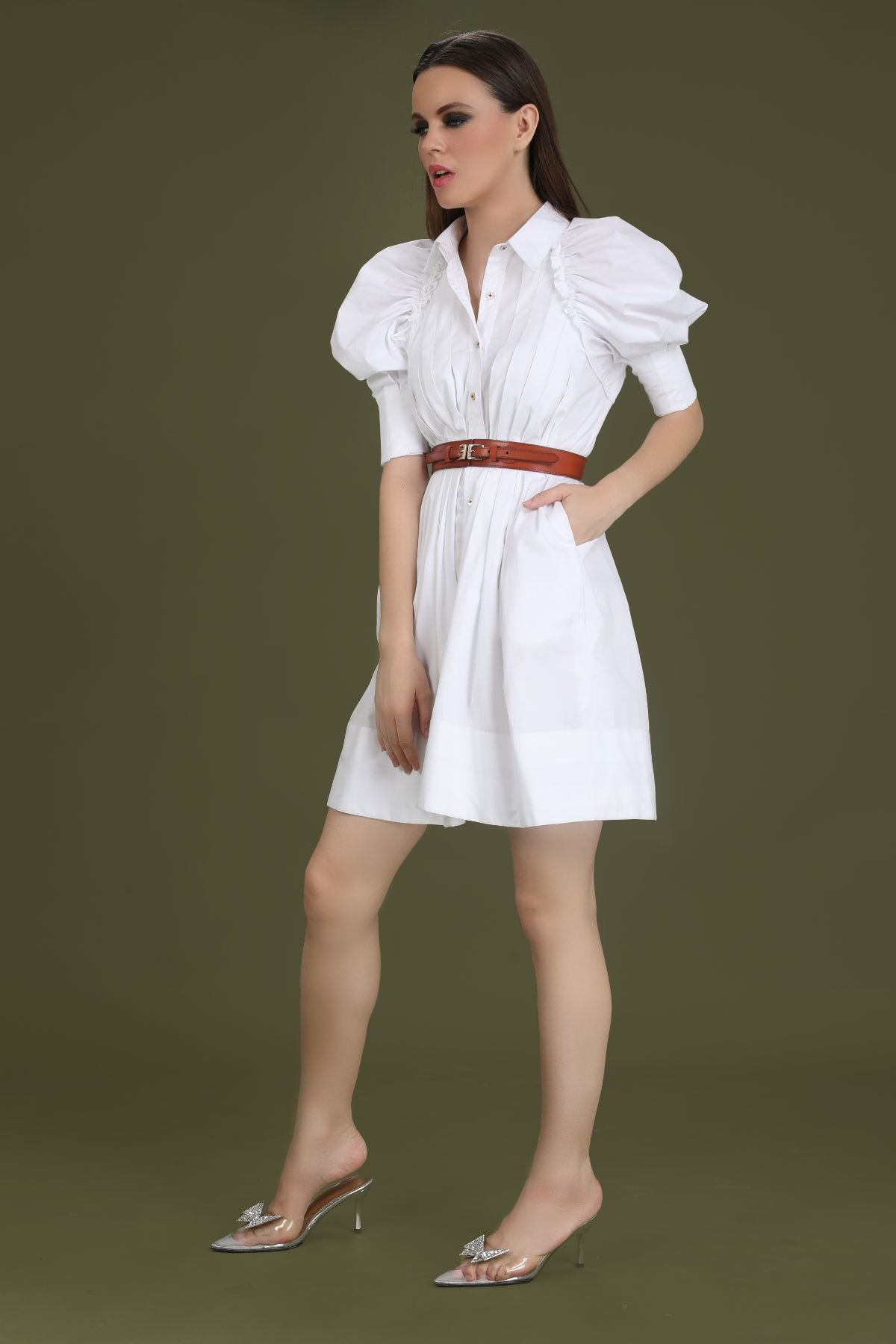 Puff sleeved Box Pleated Shirt Style Tunic - White