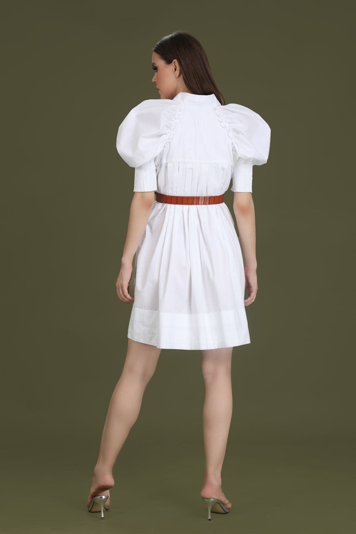 Puff sleeved Box Pleated Shirt Style Tunic - White