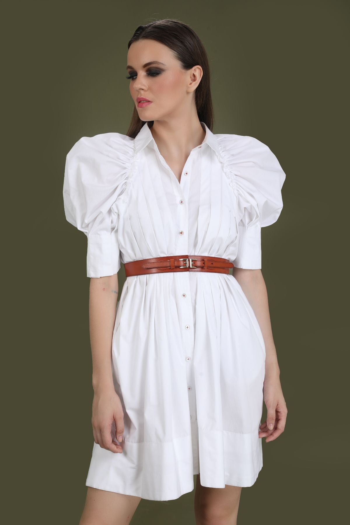 Puff sleeved Box Pleated Shirt Style Tunic - White