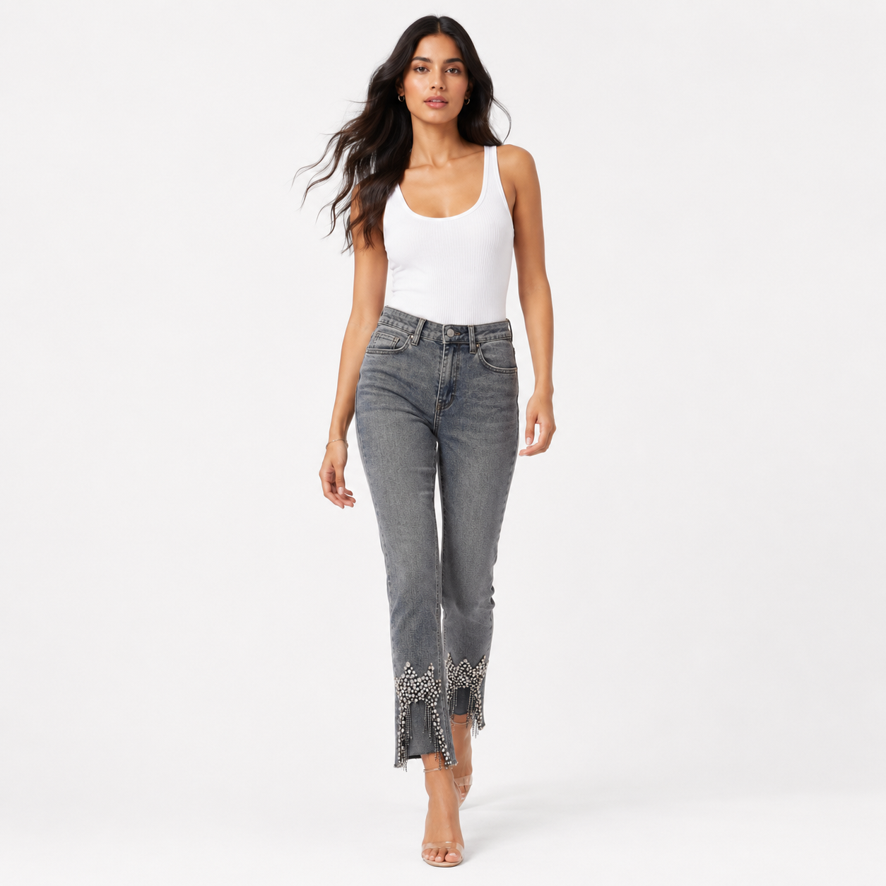 CRYSTAL FRINGE STRAIGHT DENIM JEANS